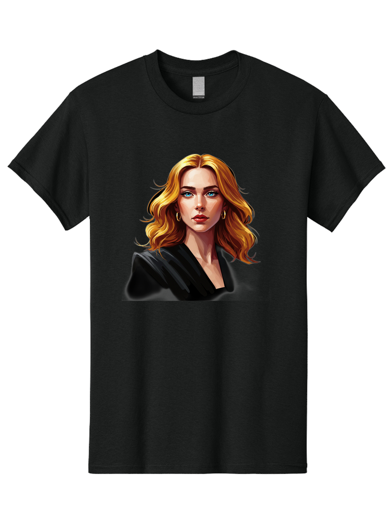 Woman-Portrait-1 Men'S Graphic Tee, 100% Cotton, Comfortable Casual Summer Wear, Machine Washable, Blonde Woman, Blue Eyes, Gold Hoop Earrings, Black Jacket, Fashion Portrait, Digital Art, Wavy Hair, Modern Style, Elegant Look, Bad929 14