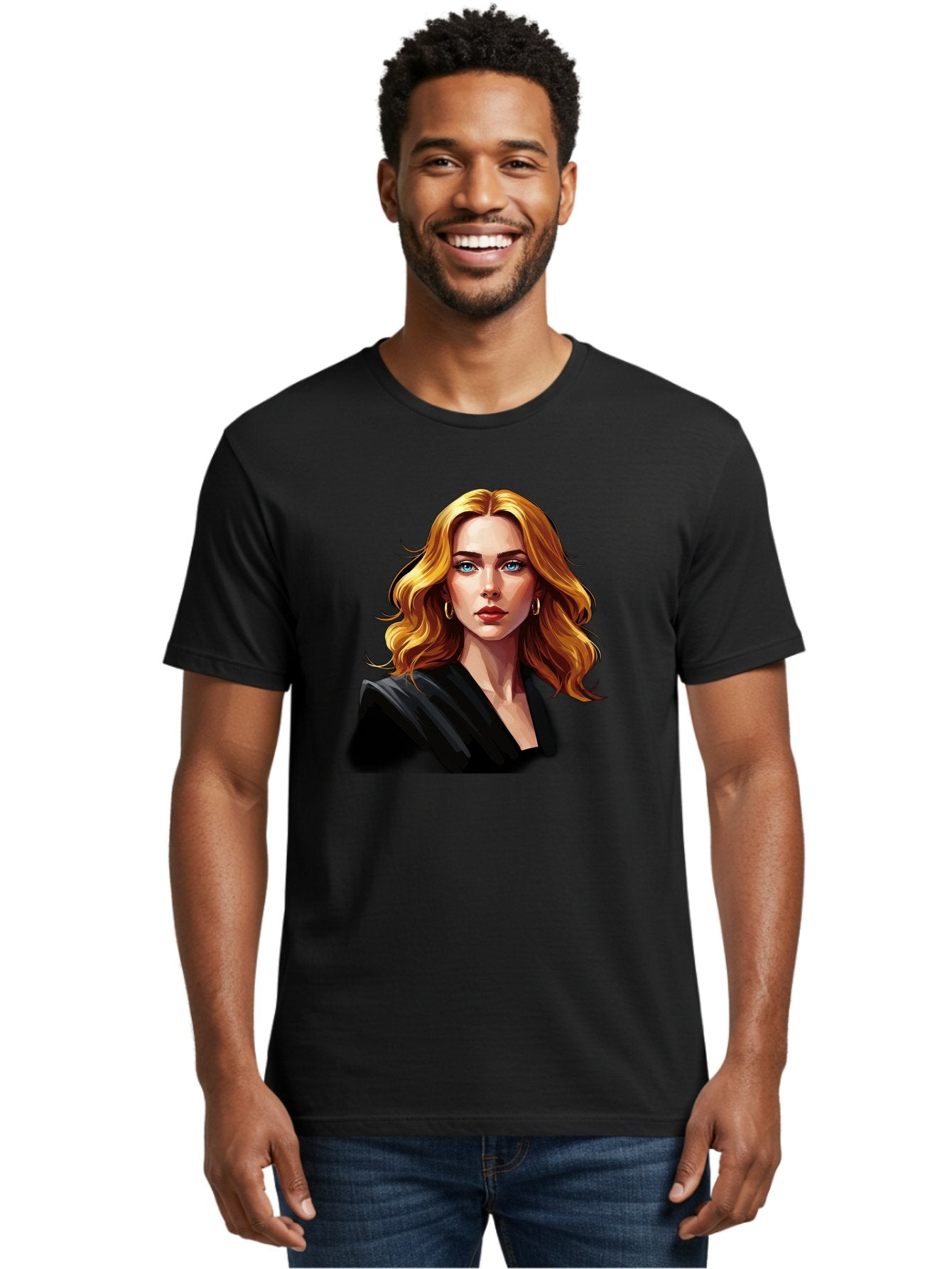 Woman-Portrait-1 Men'S Graphic Tee, 100% Cotton, Comfortable Casual Summer Wear, Machine Washable, Blonde Woman, Blue Eyes, Gold Hoop Earrings, Black Jacket, Fashion Portrait, Digital Art, Wavy Hair, Modern Style, Elegant Look, Bad929 17
