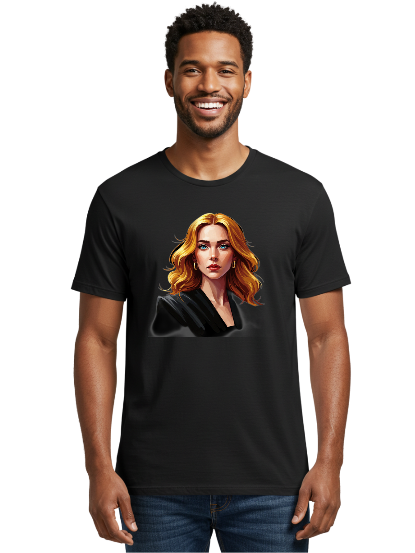 Woman-Portrait-1 Men'S Graphic Tee, 100% Cotton, Comfortable Casual Summer Wear, Machine Washable, Blonde Woman, Blue Eyes, Gold Hoop Earrings, Black Jacket, Fashion Portrait, Digital Art, Wavy Hair, Modern Style, Elegant Look, Bad929 29