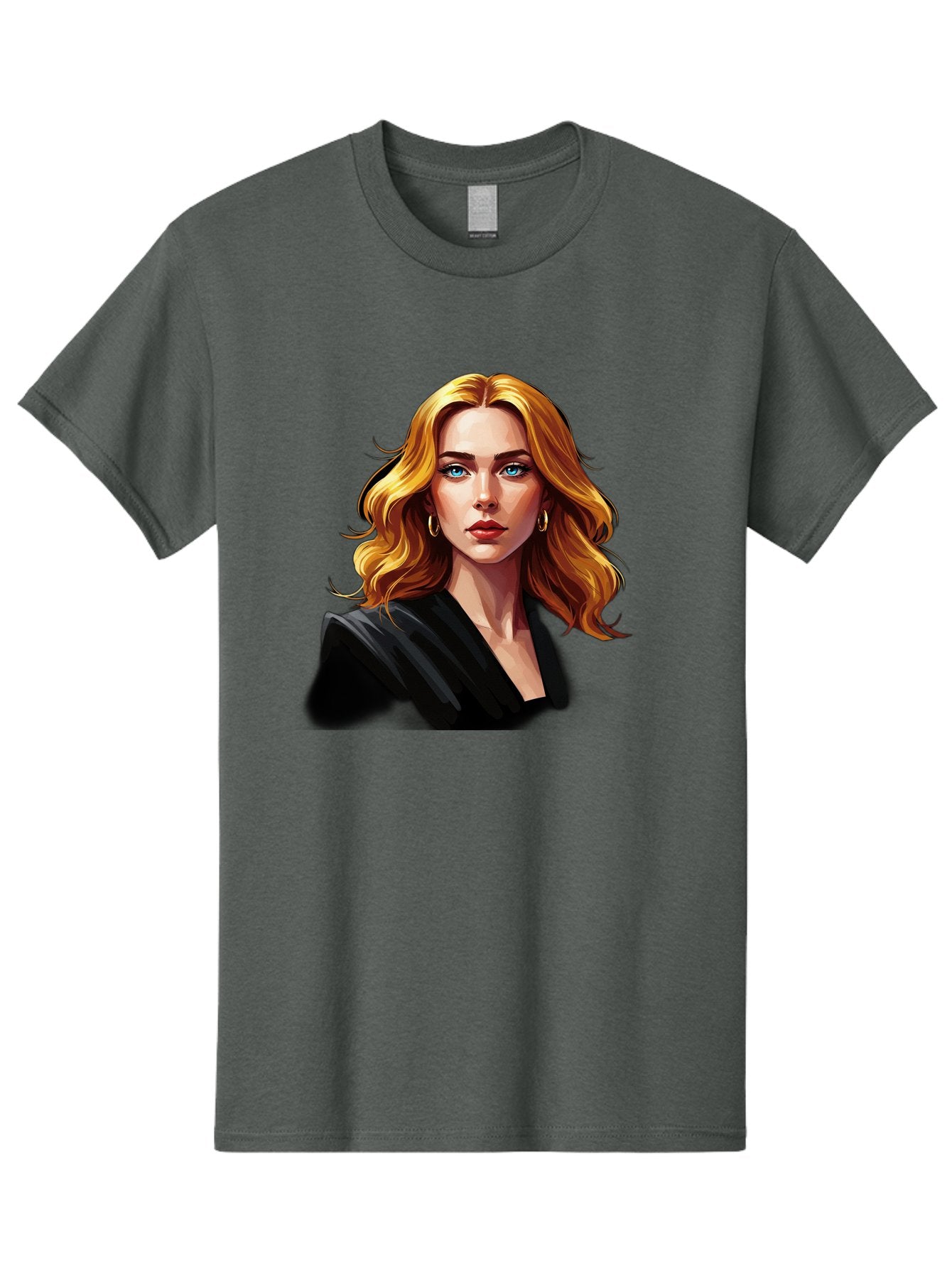 Woman-Portrait-1 Men'S Graphic Tee, 100% Cotton, Comfortable Casual Summer Wear, Machine Washable, Blonde Woman, Blue Eyes, Gold Hoop Earrings, Black Jacket, Fashion Portrait, Digital Art, Wavy Hair, Modern Style, Elegant Look, Bad929 7