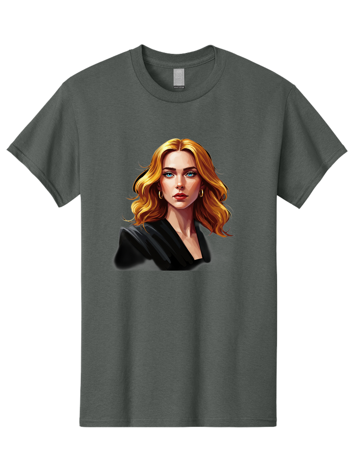 Woman-Portrait-1 Men'S Graphic Tee, 100% Cotton, Comfortable Casual Summer Wear, Machine Washable, Blonde Woman, Blue Eyes, Gold Hoop Earrings, Black Jacket, Fashion Portrait, Digital Art, Wavy Hair, Modern Style, Elegant Look, Bad929 13