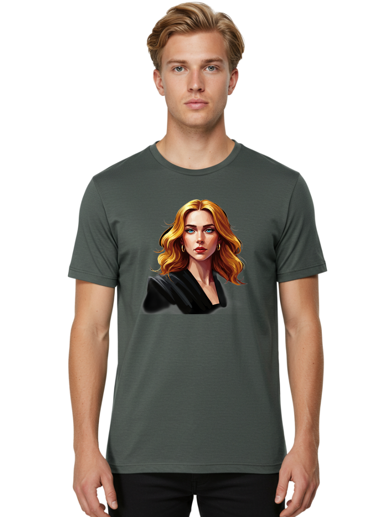 Woman-Portrait-1 Men'S Graphic Tee, 100% Cotton, Comfortable Casual Summer Wear, Machine Washable, Blonde Woman, Blue Eyes, Gold Hoop Earrings, Black Jacket, Fashion Portrait, Digital Art, Wavy Hair, Modern Style, Elegant Look, Bad929 28