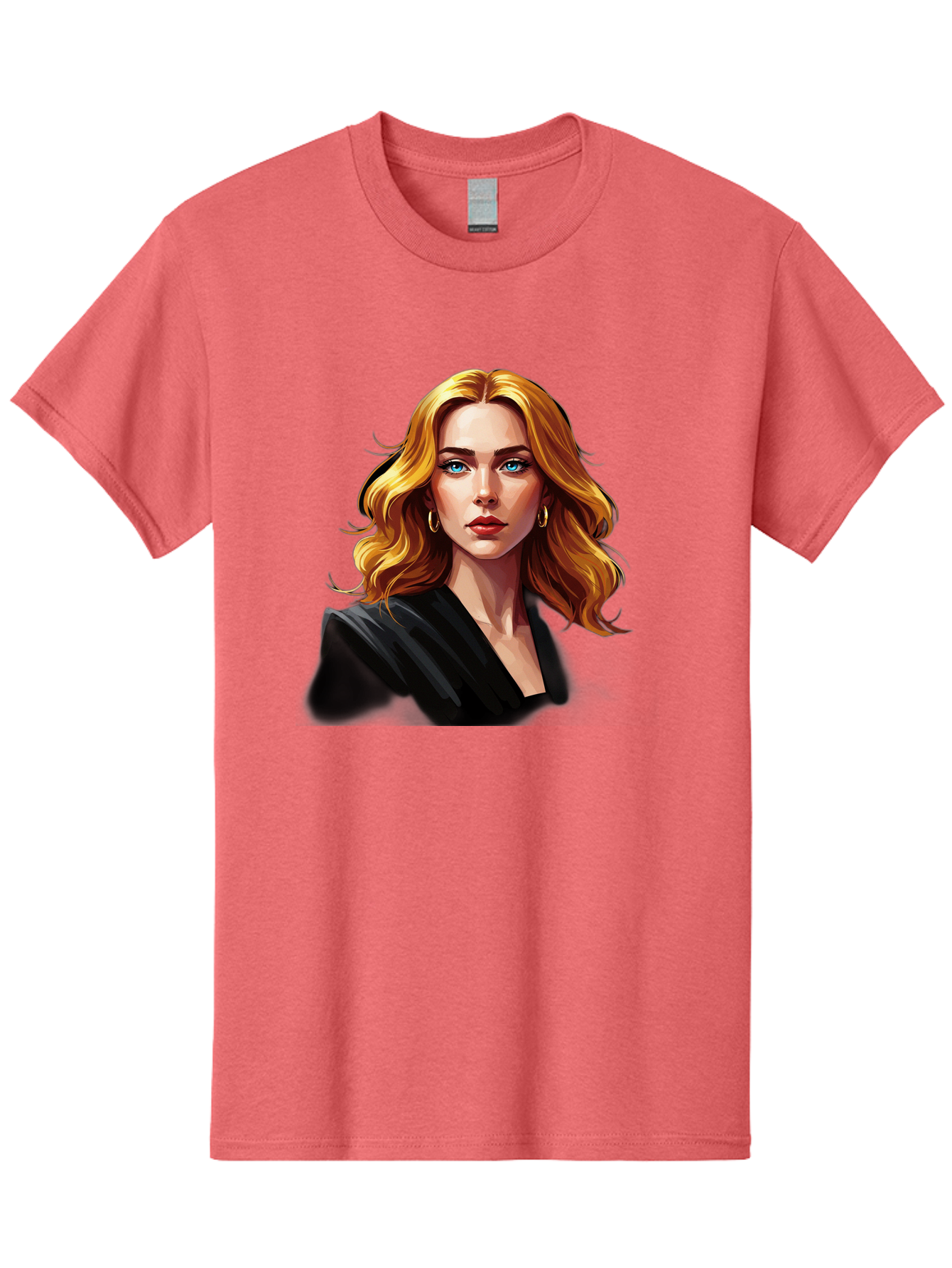 Woman-Portrait-1 Men'S Graphic Tee, 100% Cotton, Comfortable Casual Summer Wear, Machine Washable, Blonde Woman, Blue Eyes, Gold Hoop Earrings, Black Jacket, Fashion Portrait, Digital Art, Wavy Hair, Modern Style, Elegant Look, Bad929 5