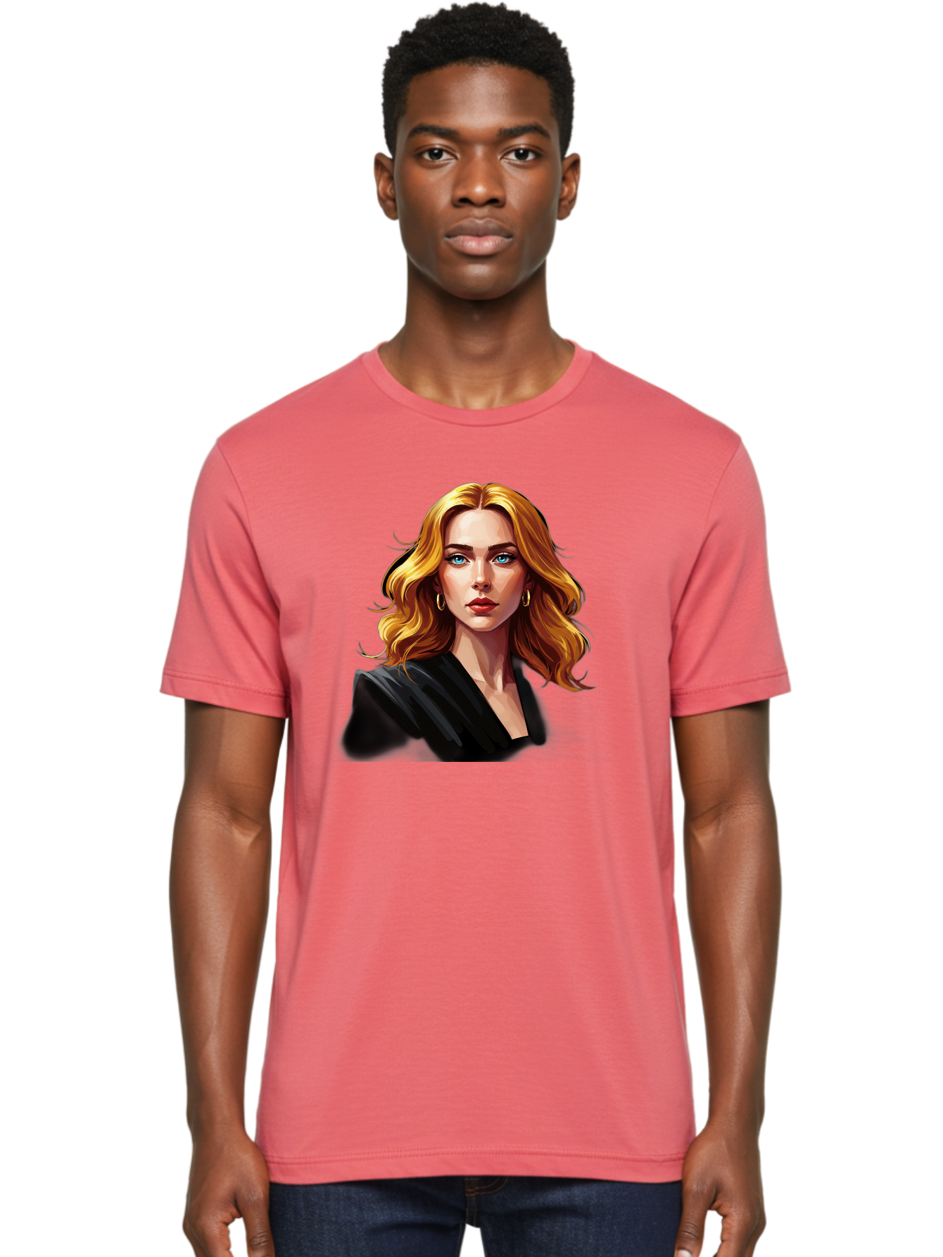 Woman-Portrait-1 Men'S Graphic Tee, 100% Cotton, Comfortable Casual Summer Wear, Machine Washable, Blonde Woman, Blue Eyes, Gold Hoop Earrings, Black Jacket, Fashion Portrait, Digital Art, Wavy Hair, Modern Style, Elegant Look, Bad929 20