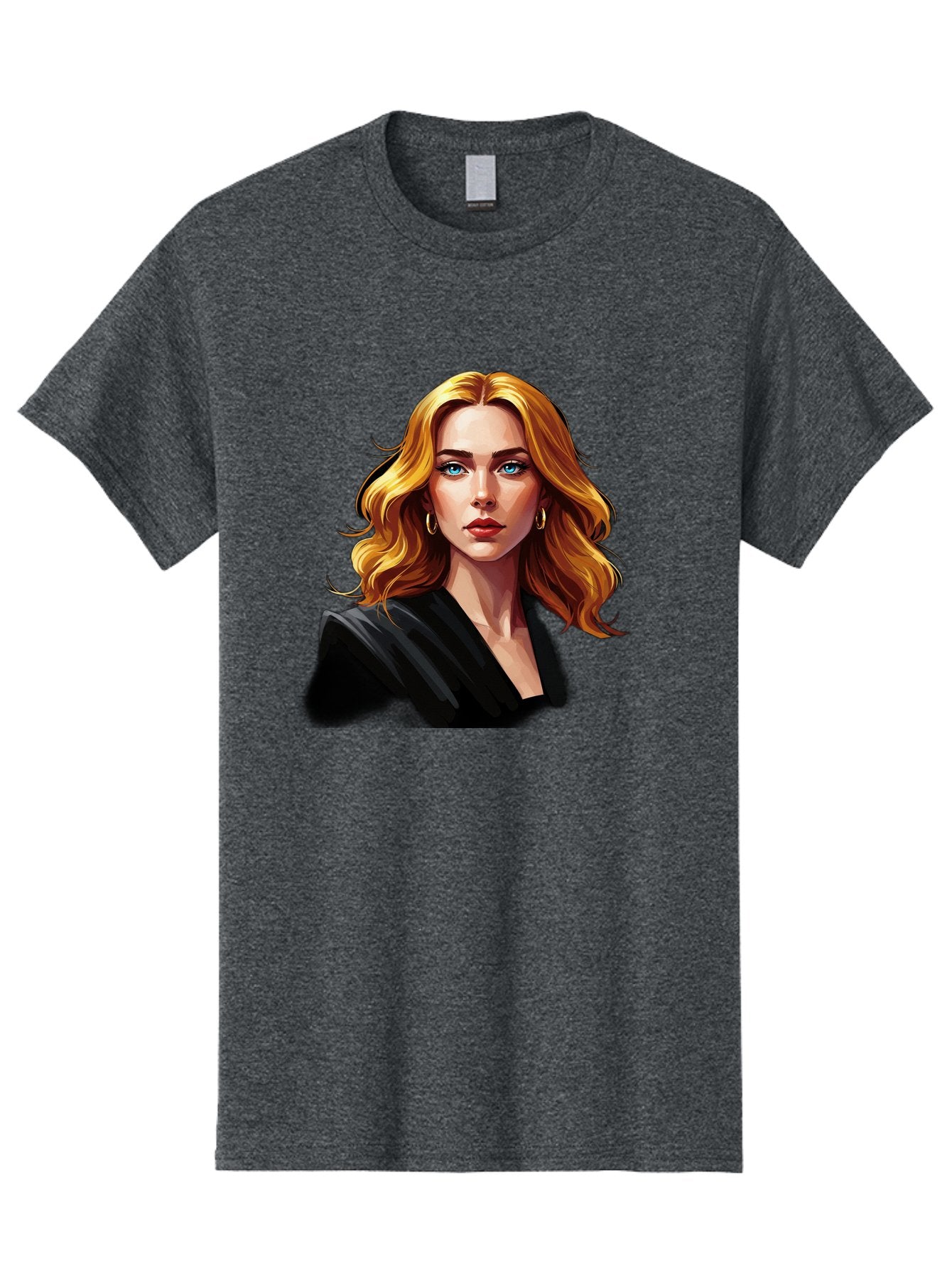 Woman-Portrait-1 Men'S Graphic Tee, 100% Cotton, Comfortable Casual Summer Wear, Machine Washable, Blonde Woman, Blue Eyes, Gold Hoop Earrings, Black Jacket, Fashion Portrait, Digital Art, Wavy Hair, Modern Style, Elegant Look, Bad929 5