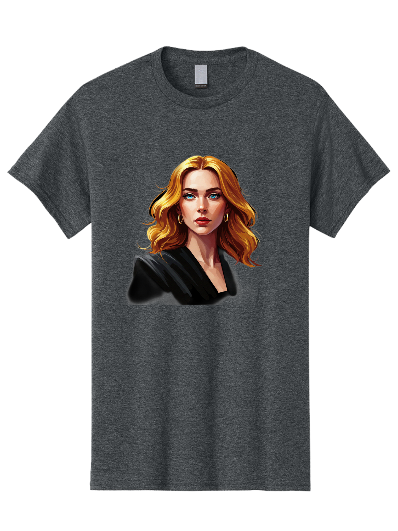 Woman-Portrait-1 Men'S Graphic Tee, 100% Cotton, Comfortable Casual Summer Wear, Machine Washable, Blonde Woman, Blue Eyes, Gold Hoop Earrings, Black Jacket, Fashion Portrait, Digital Art, Wavy Hair, Modern Style, Elegant Look, Bad929 8