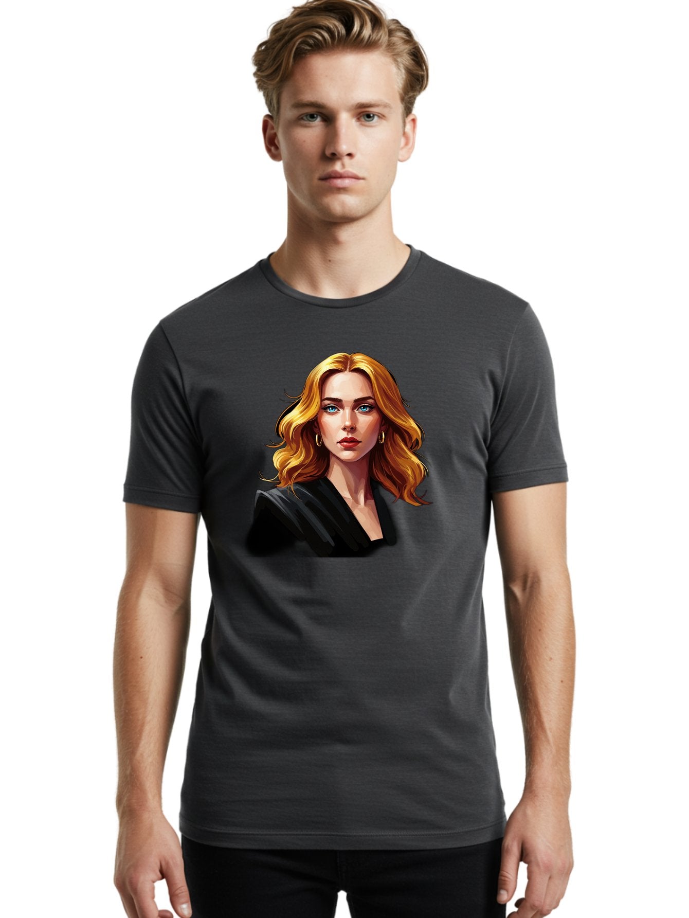 Woman-Portrait-1 Men'S Graphic Tee, 100% Cotton, Comfortable Casual Summer Wear, Machine Washable, Blonde Woman, Blue Eyes, Gold Hoop Earrings, Black Jacket, Fashion Portrait, Digital Art, Wavy Hair, Modern Style, Elegant Look, Bad929 23