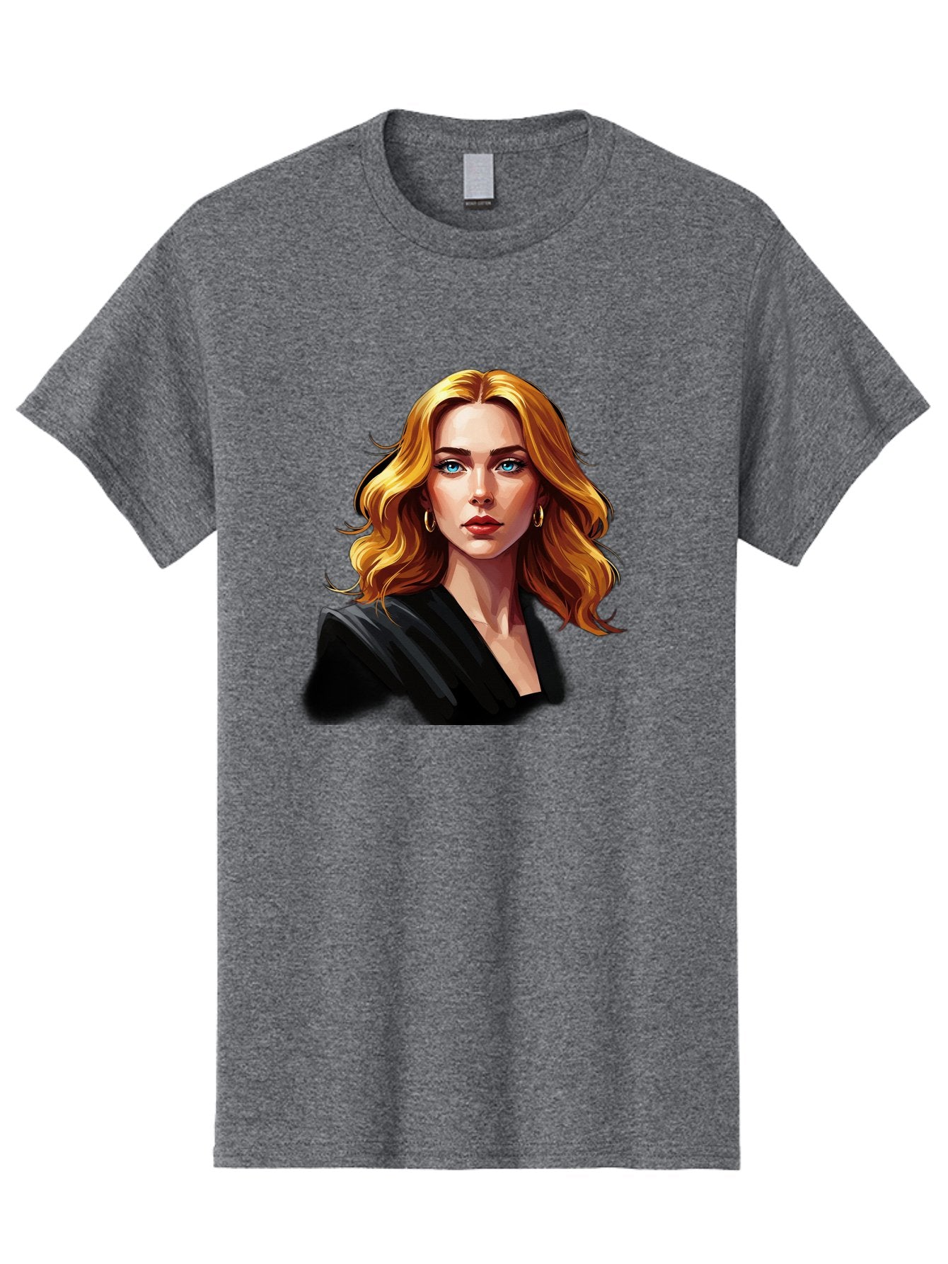 Woman-Portrait-1 Men'S Graphic Tee, 100% Cotton, Comfortable Casual Summer Wear, Machine Washable, Blonde Woman, Blue Eyes, Gold Hoop Earrings, Black Jacket, Fashion Portrait, Digital Art, Wavy Hair, Modern Style, Elegant Look, Bad929