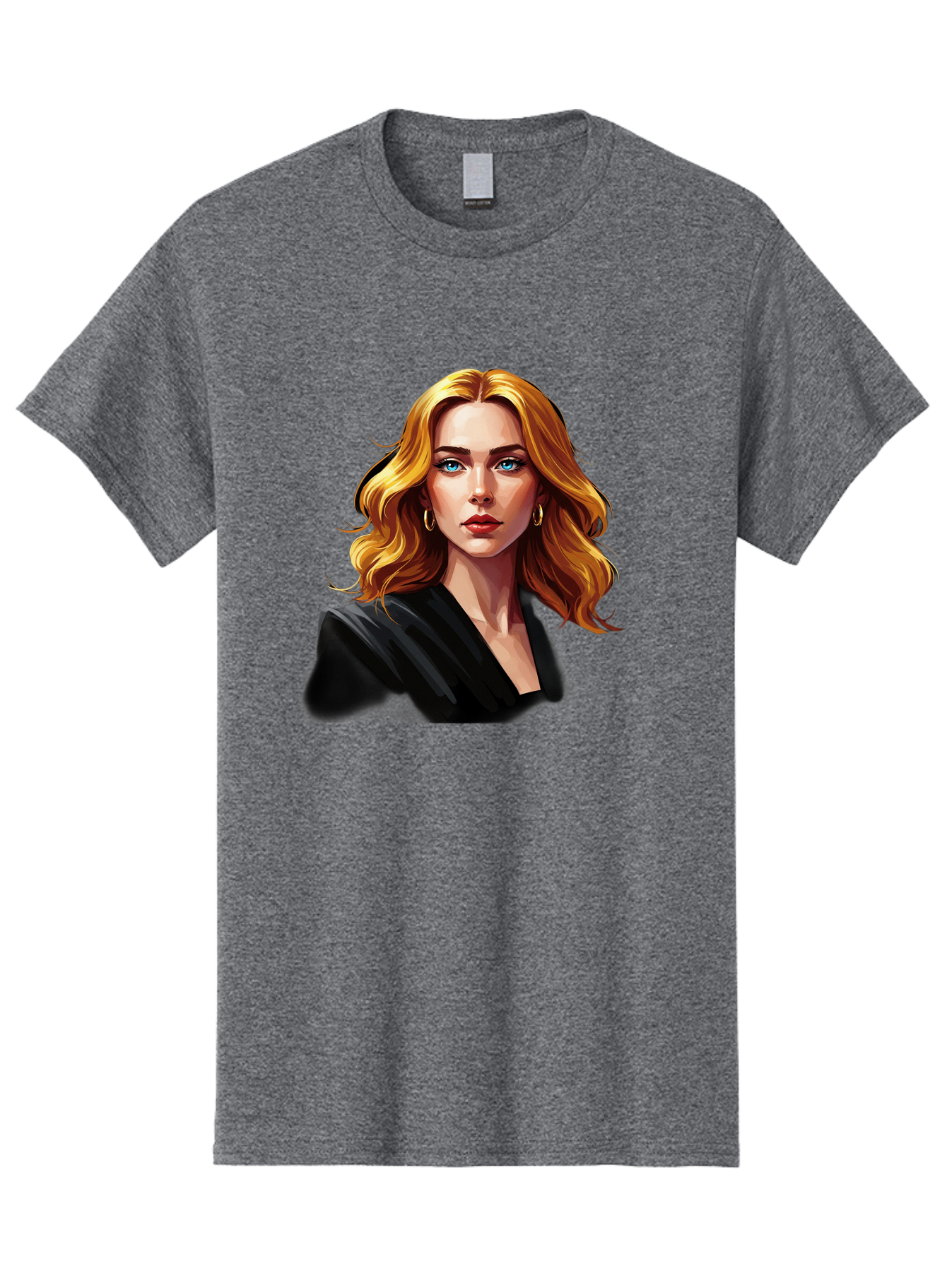 Woman-Portrait-1 Men'S Graphic Tee, 100% Cotton, Comfortable Casual Summer Wear, Machine Washable, Blonde Woman, Blue Eyes, Gold Hoop Earrings, Black Jacket, Fashion Portrait, Digital Art, Wavy Hair, Modern Style, Elegant Look, Bad929 11