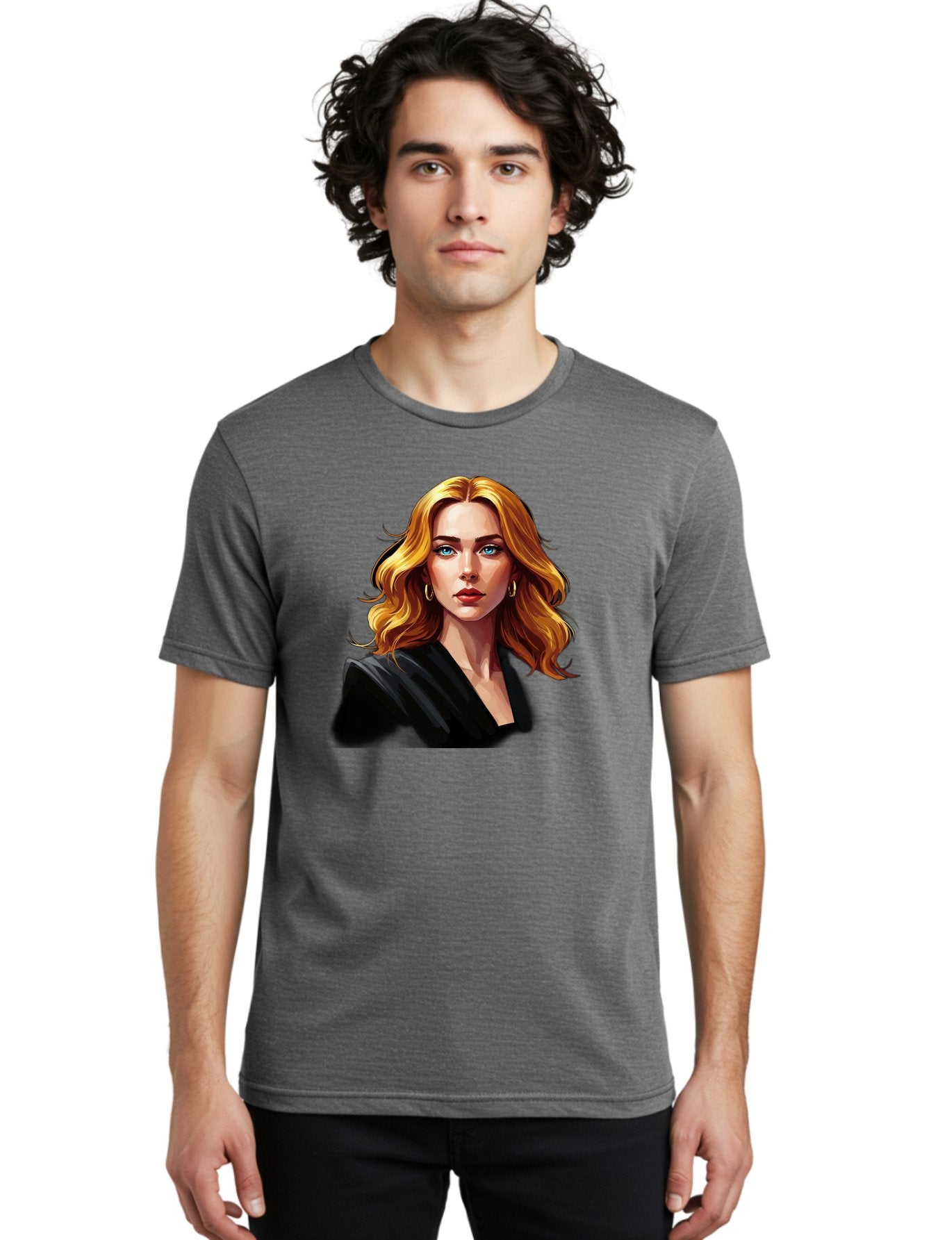 Woman-Portrait-1 Men'S Graphic Tee, 100% Cotton, Comfortable Casual Summer Wear, Machine Washable, Blonde Woman, Blue Eyes, Gold Hoop Earrings, Black Jacket, Fashion Portrait, Digital Art, Wavy Hair, Modern Style, Elegant Look, Bad929 19