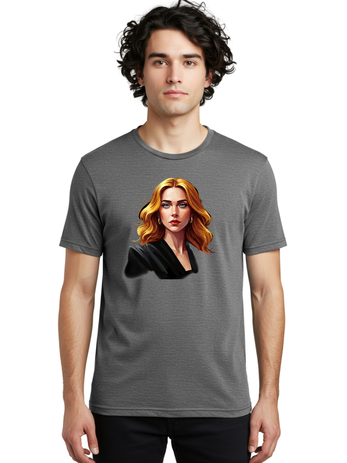 Woman-Portrait-1 Men'S Graphic Tee, 100% Cotton, Comfortable Casual Summer Wear, Machine Washable, Blonde Woman, Blue Eyes, Gold Hoop Earrings, Black Jacket, Fashion Portrait, Digital Art, Wavy Hair, Modern Style, Elegant Look, Bad929 26