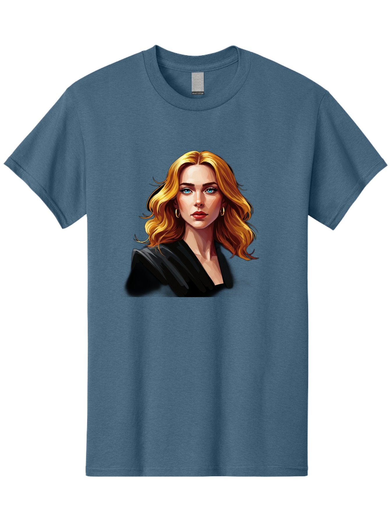 Woman-Portrait-1 Men'S Graphic Tee, 100% Cotton, Comfortable Casual Summer Wear, Machine Washable, Blonde Woman, Blue Eyes, Gold Hoop Earrings, Black Jacket, Fashion Portrait, Digital Art, Wavy Hair, Modern Style, Elegant Look, Bad929 4