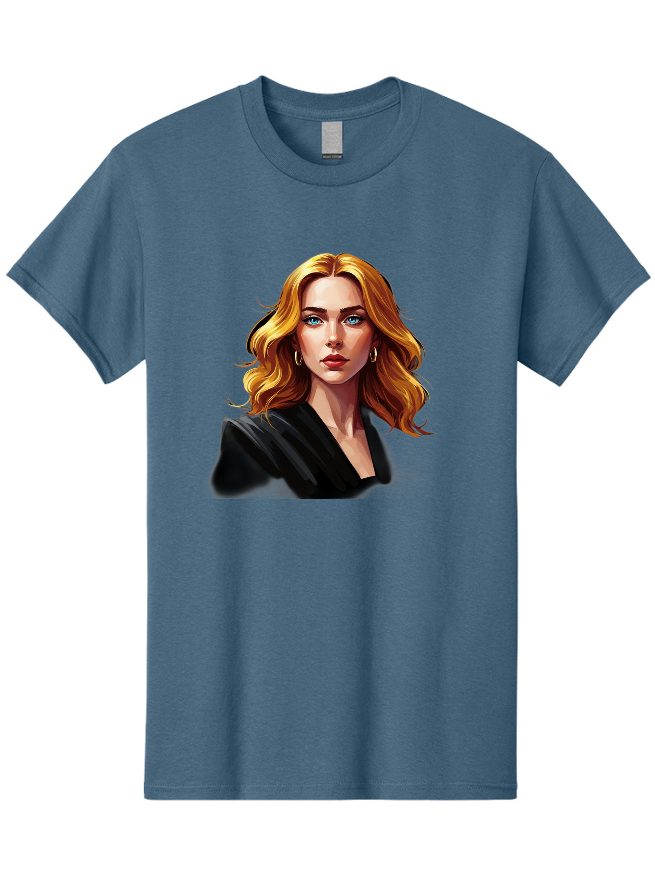 Woman-Portrait-1 Men'S Graphic Tee, 100% Cotton, Comfortable Casual Summer Wear, Machine Washable, Blonde Woman, Blue Eyes, Gold Hoop Earrings, Black Jacket, Fashion Portrait, Digital Art, Wavy Hair, Modern Style, Elegant Look, Bad929 12