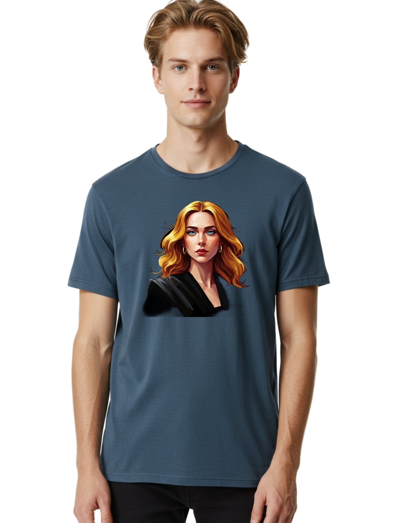 Woman-Portrait-1 Men'S Graphic Tee, 100% Cotton, Comfortable Casual Summer Wear, Machine Washable, Blonde Woman, Blue Eyes, Gold Hoop Earrings, Black Jacket, Fashion Portrait, Digital Art, Wavy Hair, Modern Style, Elegant Look, Bad929 18