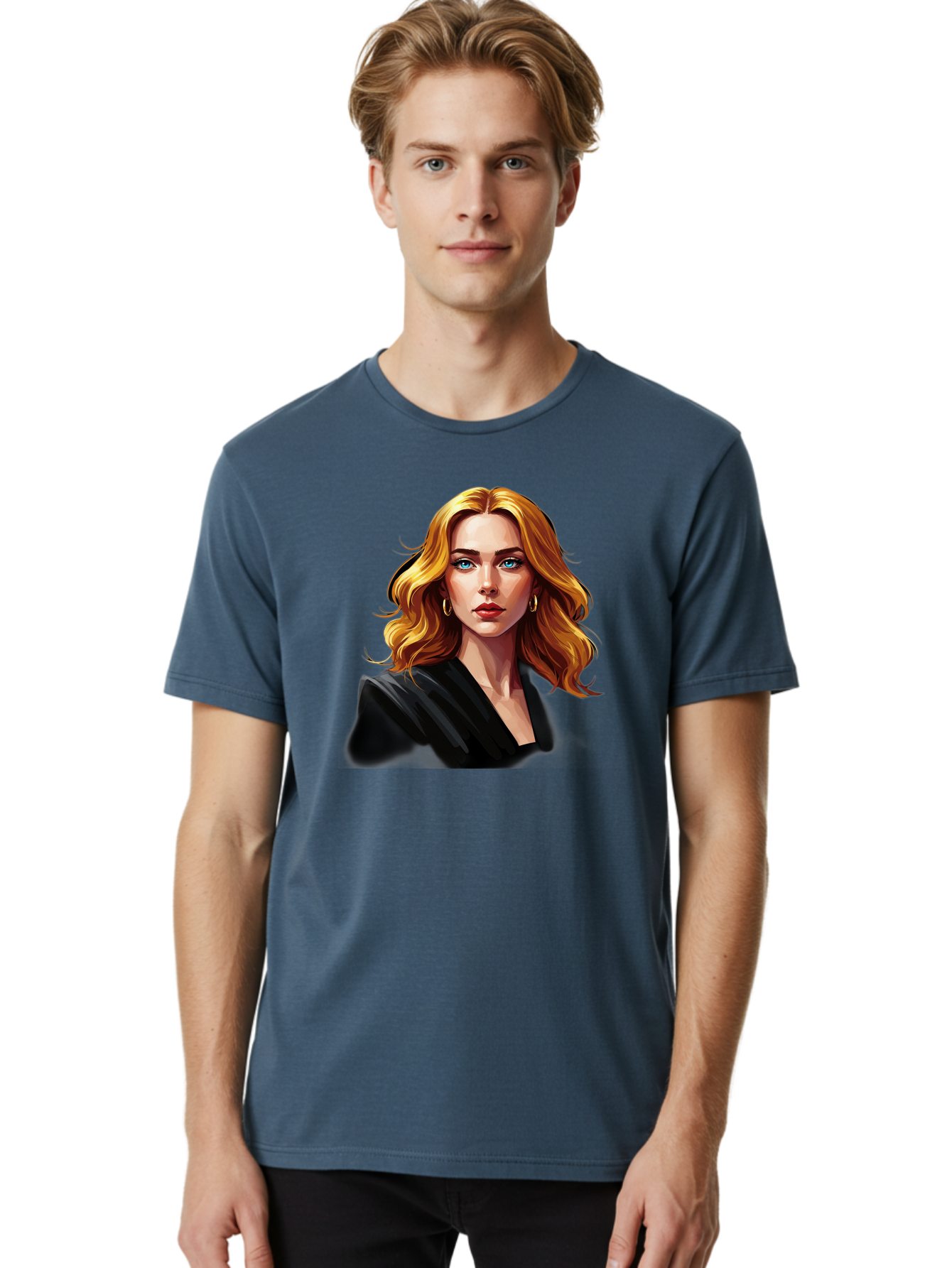 Woman-Portrait-1 Men'S Graphic Tee, 100% Cotton, Comfortable Casual Summer Wear, Machine Washable, Blonde Woman, Blue Eyes, Gold Hoop Earrings, Black Jacket, Fashion Portrait, Digital Art, Wavy Hair, Modern Style, Elegant Look, Bad929 27