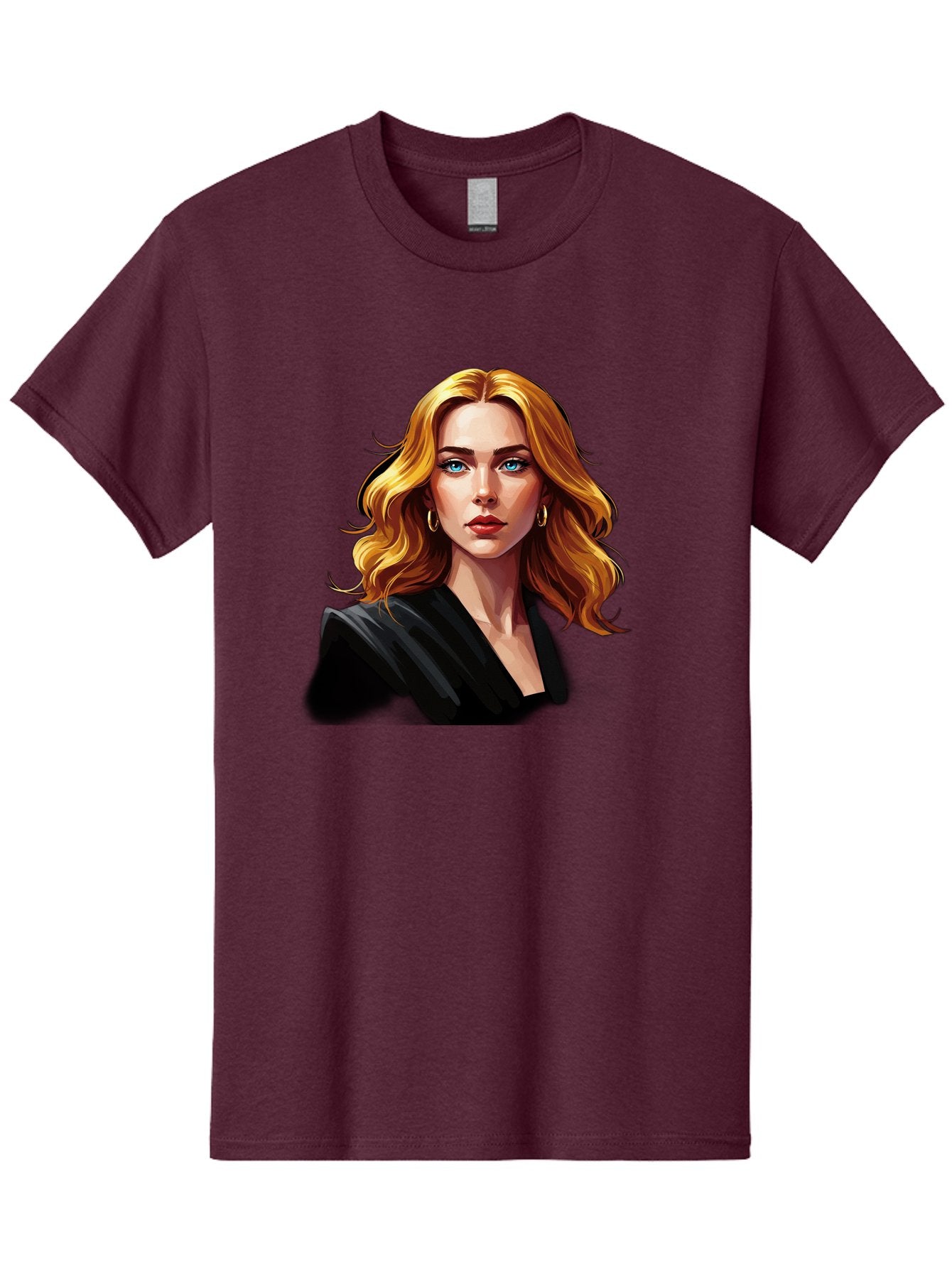 Woman-Portrait-1 Men'S Graphic Tee, 100% Cotton, Comfortable Casual Summer Wear, Machine Washable, Blonde Woman, Blue Eyes, Gold Hoop Earrings, Black Jacket, Fashion Portrait, Digital Art, Wavy Hair, Modern Style, Elegant Look, Bad929 8