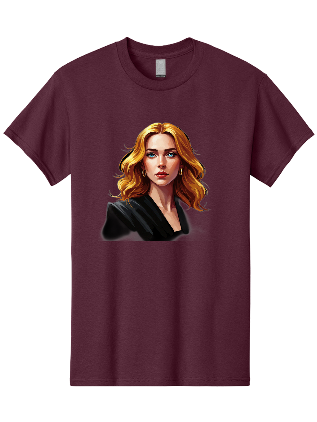 Woman-Portrait-1 Men'S Graphic Tee, 100% Cotton, Comfortable Casual Summer Wear, Machine Washable, Blonde Woman, Blue Eyes, Gold Hoop Earrings, Black Jacket, Fashion Portrait, Digital Art, Wavy Hair, Modern Style, Elegant Look, Bad929 6