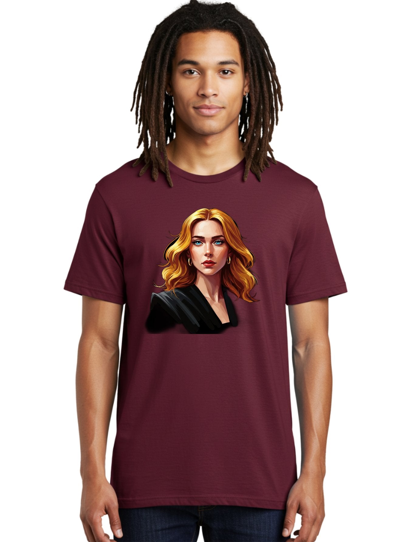 Woman-Portrait-1 Men'S Graphic Tee, 100% Cotton, Comfortable Casual Summer Wear, Machine Washable, Blonde Woman, Blue Eyes, Gold Hoop Earrings, Black Jacket, Fashion Portrait, Digital Art, Wavy Hair, Modern Style, Elegant Look, Bad929 25