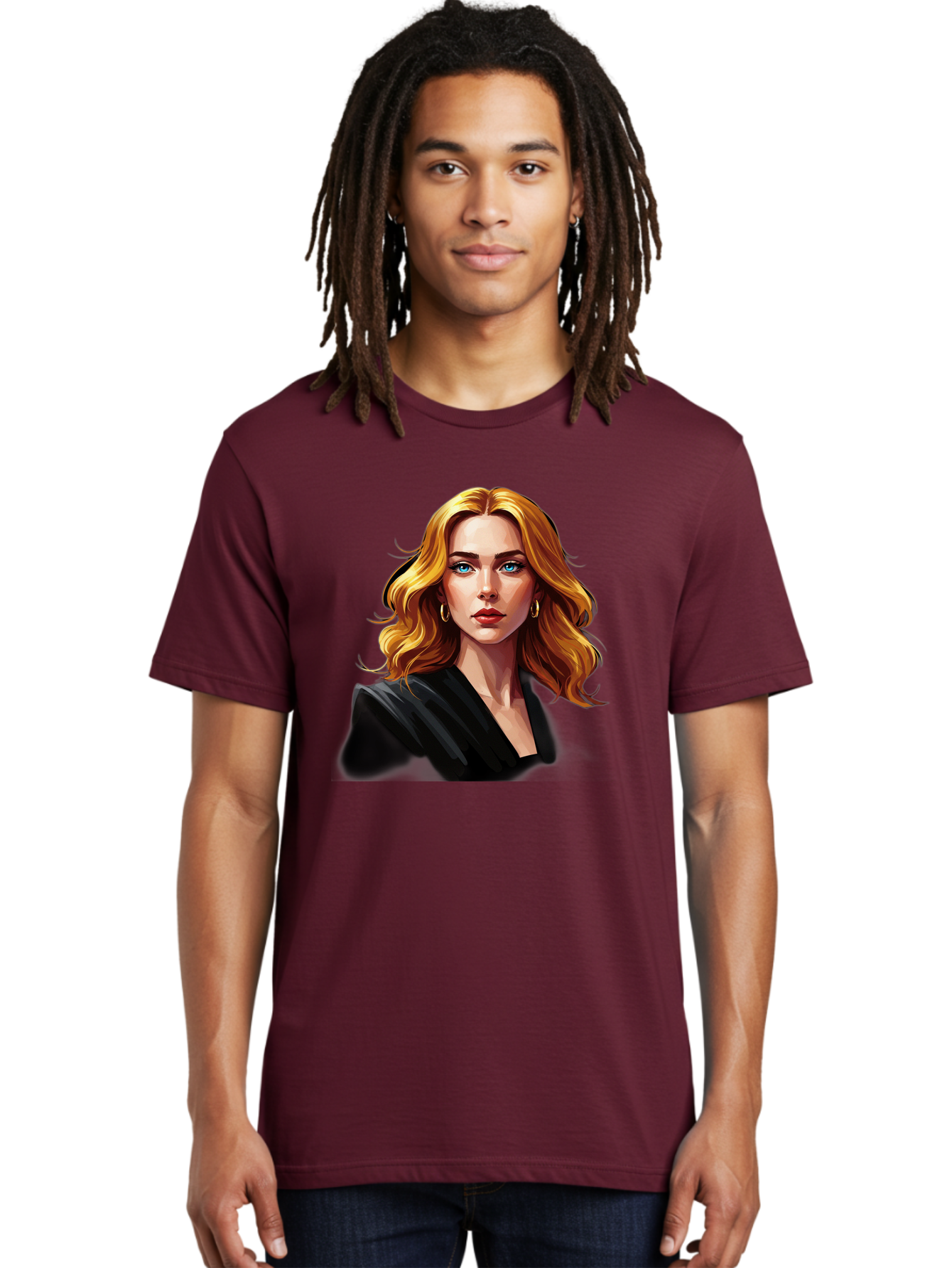 Woman-Portrait-1 Men'S Graphic Tee, 100% Cotton, Comfortable Casual Summer Wear, Machine Washable, Blonde Woman, Blue Eyes, Gold Hoop Earrings, Black Jacket, Fashion Portrait, Digital Art, Wavy Hair, Modern Style, Elegant Look, Bad929 21