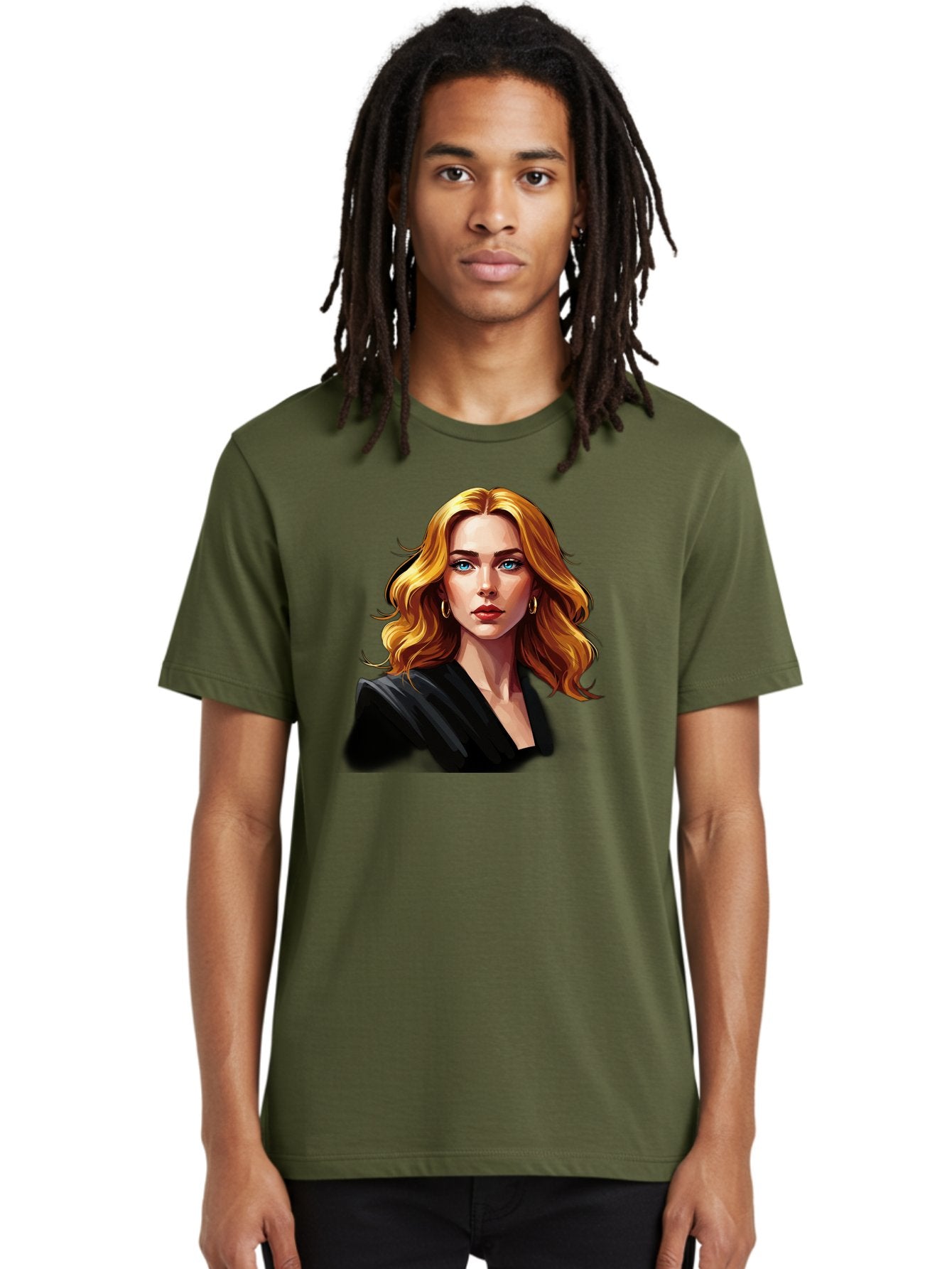 Woman-Portrait-1 Men'S Graphic Tee, 100% Cotton, Comfortable Casual Summer Wear, Machine Washable, Blonde Woman, Blue Eyes, Gold Hoop Earrings, Black Jacket, Fashion Portrait, Digital Art, Wavy Hair, Modern Style, Elegant Look, Bad929 30