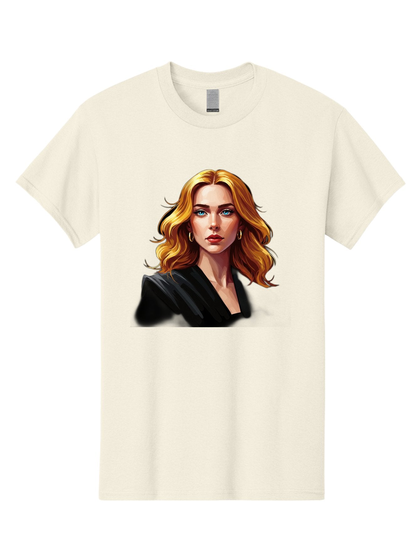 Woman-Portrait-1 Men'S Graphic Tee, 100% Cotton, Comfortable Casual Summer Wear, Machine Washable, Blonde Woman, Blue Eyes, Gold Hoop Earrings, Black Jacket, Fashion Portrait, Digital Art, Wavy Hair, Modern Style, Elegant Look, Bad929 11