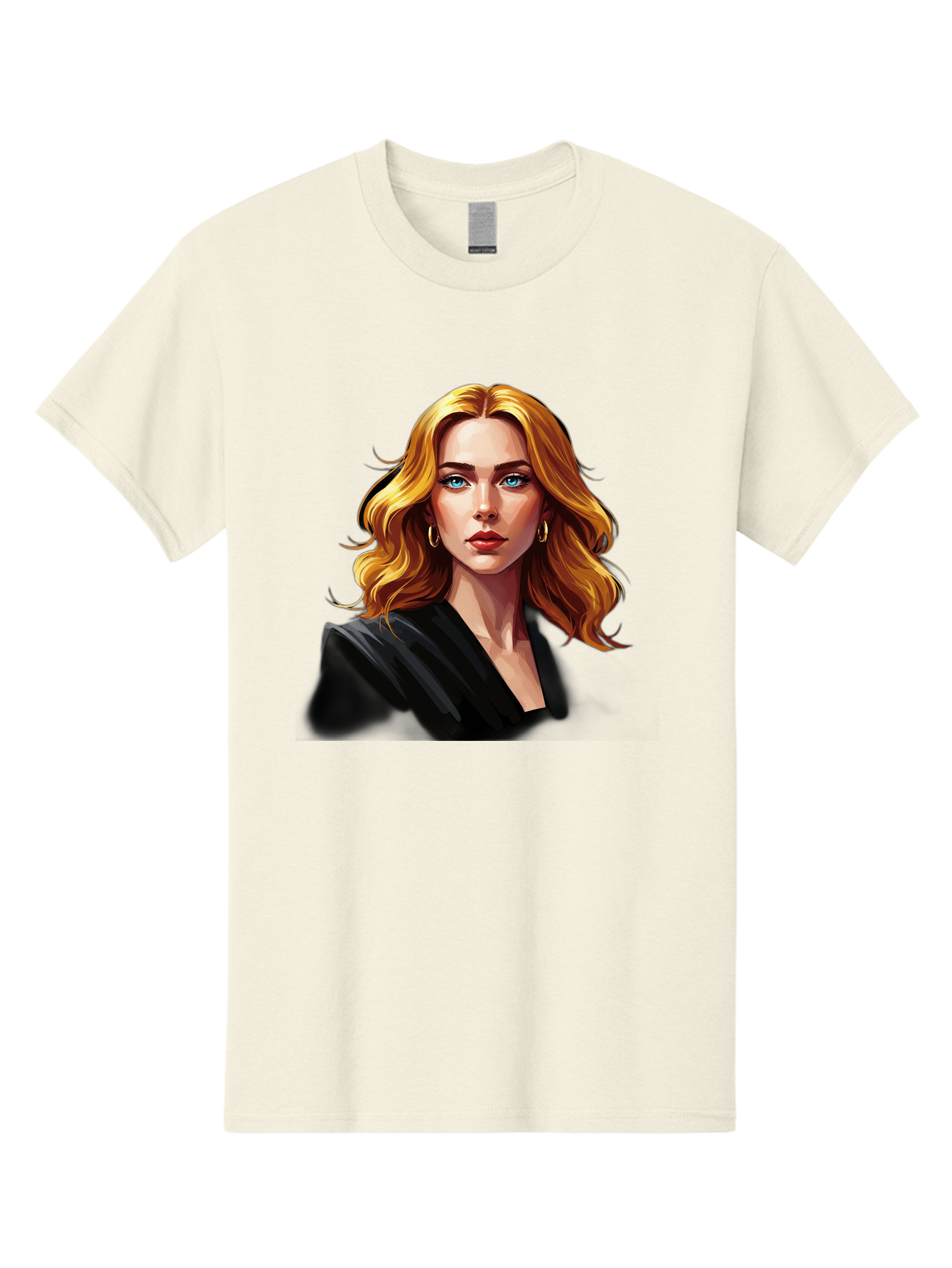 Woman-Portrait-1 Men'S Graphic Tee, 100% Cotton, Comfortable Casual Summer Wear, Machine Washable, Blonde Woman, Blue Eyes, Gold Hoop Earrings, Black Jacket, Fashion Portrait, Digital Art, Wavy Hair, Modern Style, Elegant Look, Bad929 4