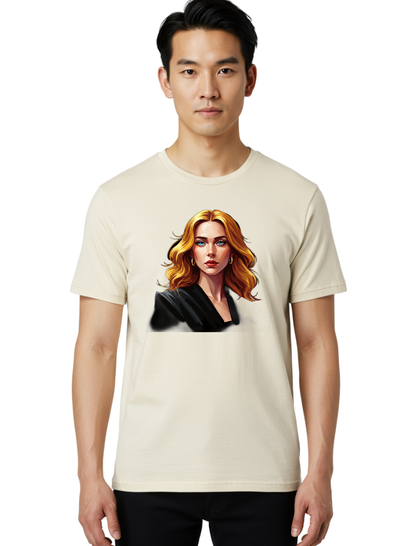 Woman-Portrait-1 Men'S Graphic Tee, 100% Cotton, Comfortable Casual Summer Wear, Machine Washable, Blonde Woman, Blue Eyes, Gold Hoop Earrings, Black Jacket, Fashion Portrait, Digital Art, Wavy Hair, Modern Style, Elegant Look, Bad929 19