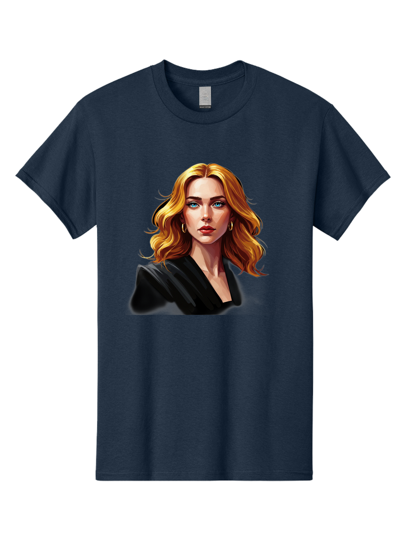 Woman-Portrait-1 Men'S Graphic Tee, 100% Cotton, Comfortable Casual Summer Wear, Machine Washable, Blonde Woman, Blue Eyes, Gold Hoop Earrings, Black Jacket, Fashion Portrait, Digital Art, Wavy Hair, Modern Style, Elegant Look, Bad929 7