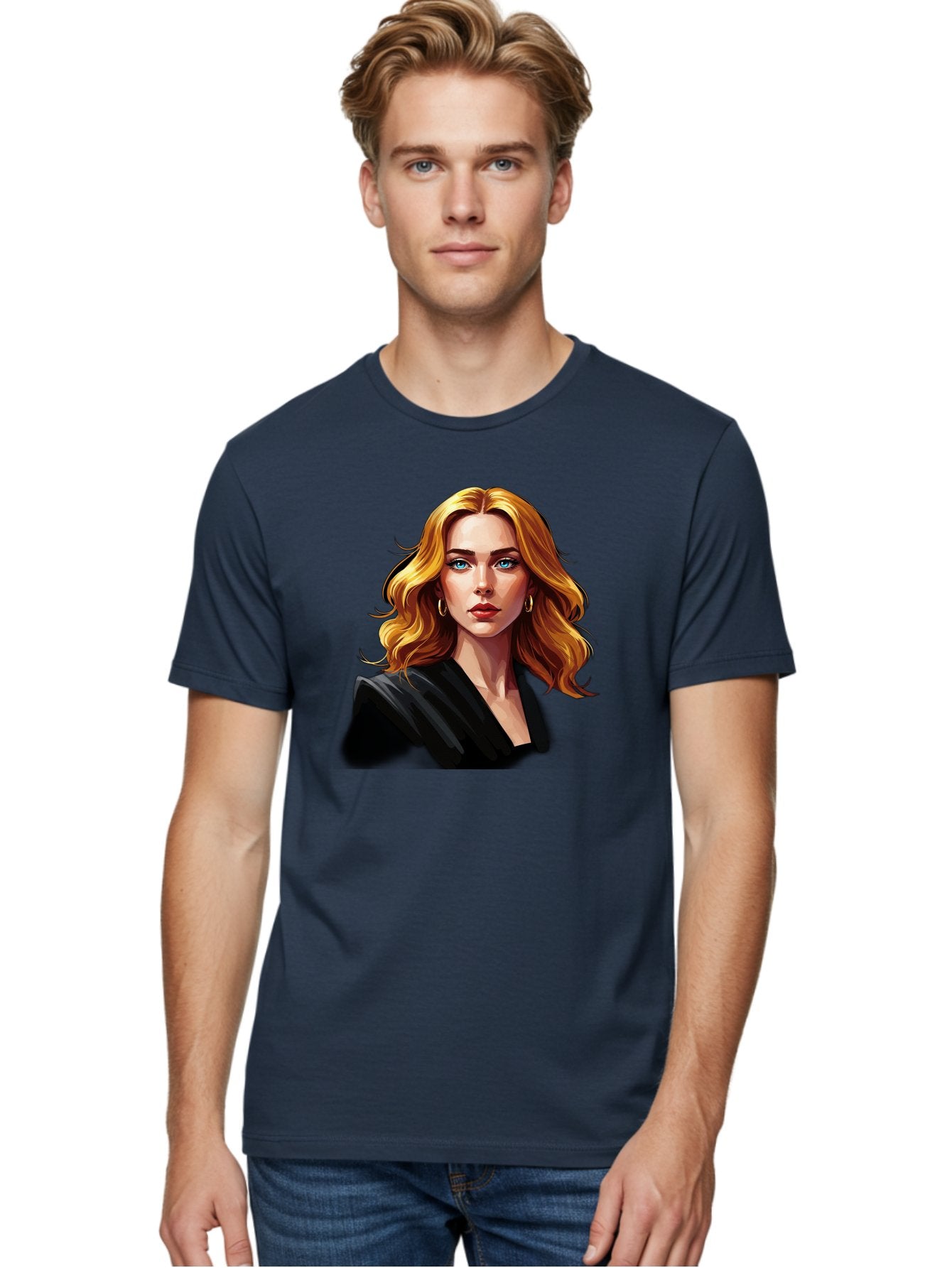 Woman-Portrait-1 Men'S Graphic Tee, 100% Cotton, Comfortable Casual Summer Wear, Machine Washable, Blonde Woman, Blue Eyes, Gold Hoop Earrings, Black Jacket, Fashion Portrait, Digital Art, Wavy Hair, Modern Style, Elegant Look, Bad929 24
