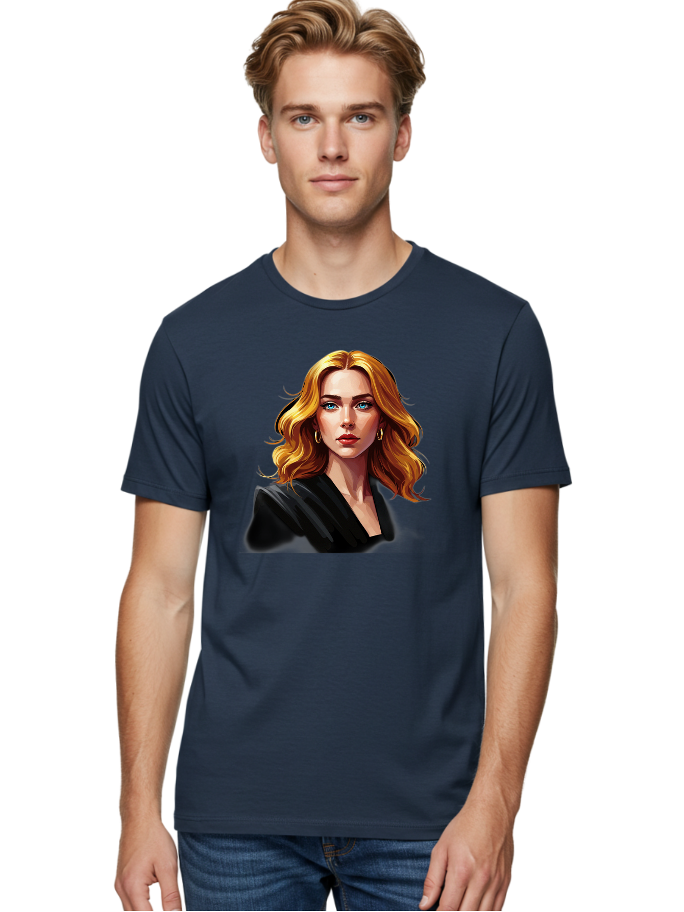 Woman-Portrait-1 Men'S Graphic Tee, 100% Cotton, Comfortable Casual Summer Wear, Machine Washable, Blonde Woman, Blue Eyes, Gold Hoop Earrings, Black Jacket, Fashion Portrait, Digital Art, Wavy Hair, Modern Style, Elegant Look, Bad929 22