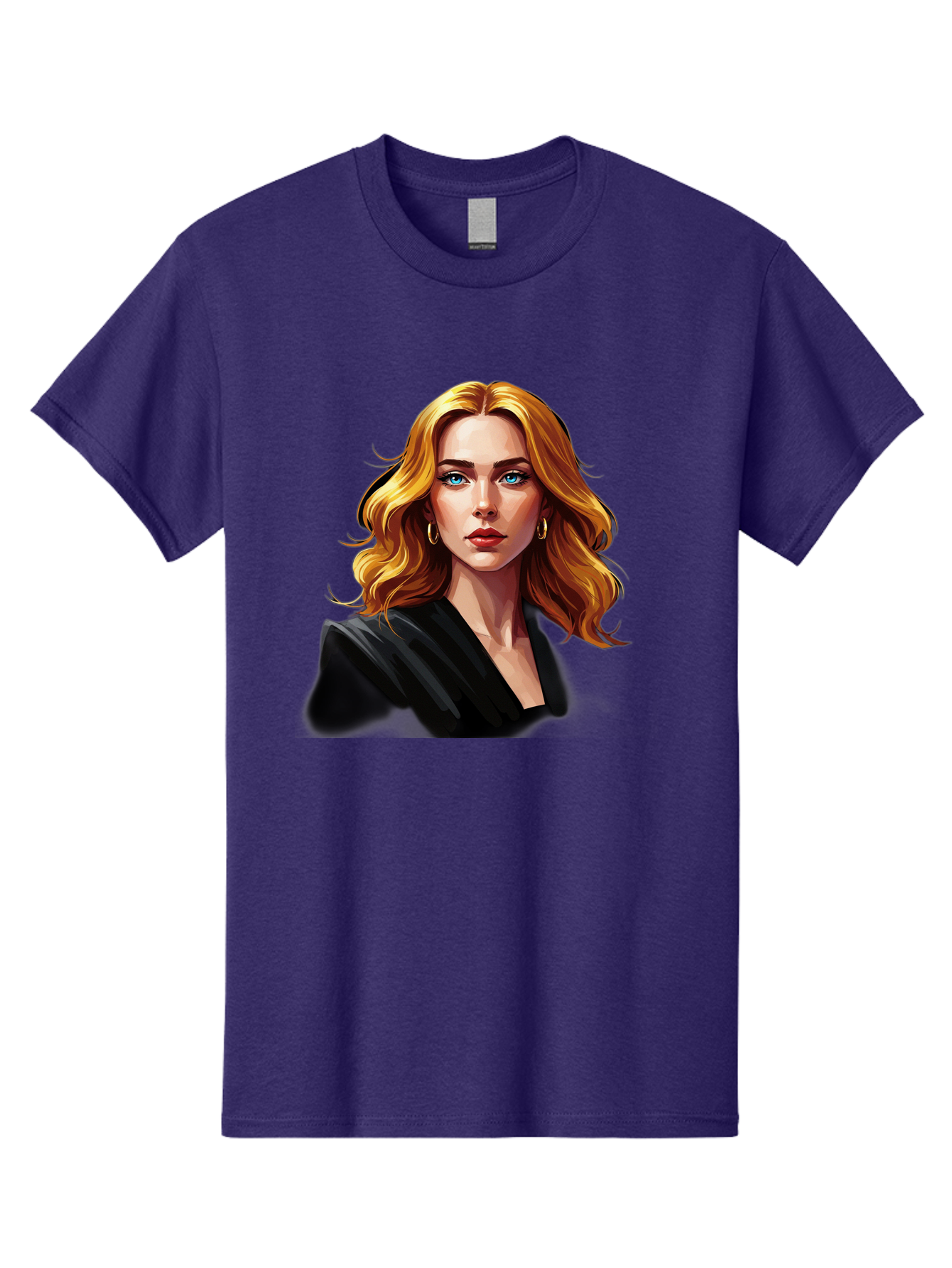 Woman-Portrait-1 Men'S Graphic Tee, 100% Cotton, Comfortable Casual Summer Wear, Machine Washable, Blonde Woman, Blue Eyes, Gold Hoop Earrings, Black Jacket, Fashion Portrait, Digital Art, Wavy Hair, Modern Style, Elegant Look, Bad929 10