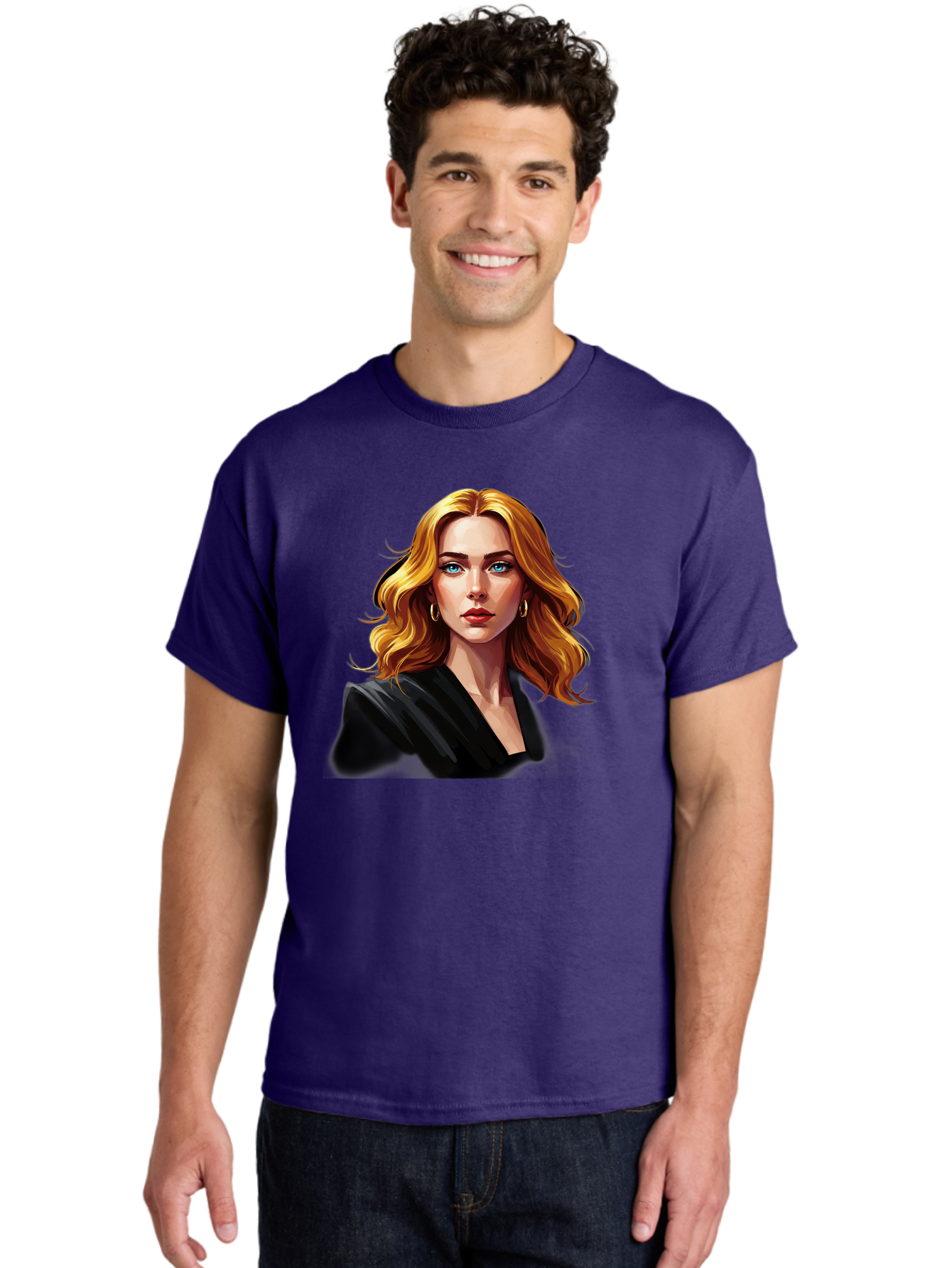 Woman-Portrait-1 Men'S Graphic Tee, 100% Cotton, Comfortable Casual Summer Wear, Machine Washable, Blonde Woman, Blue Eyes, Gold Hoop Earrings, Black Jacket, Fashion Portrait, Digital Art, Wavy Hair, Modern Style, Elegant Look, Bad929 25