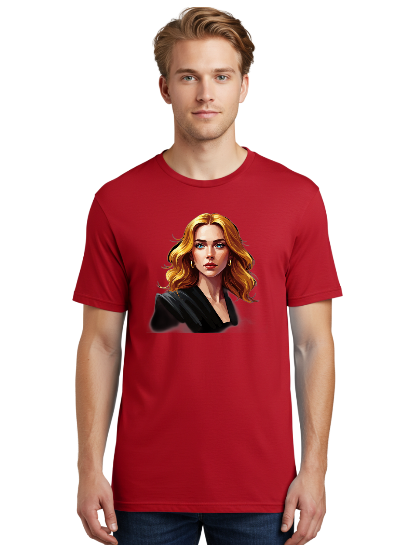 Woman-Portrait-1 Men'S Graphic Tee, 100% Cotton, Comfortable Casual Summer Wear, Machine Washable, Blonde Woman, Blue Eyes, Gold Hoop Earrings, Black Jacket, Fashion Portrait, Digital Art, Wavy Hair, Modern Style, Elegant Look, Bad929 30