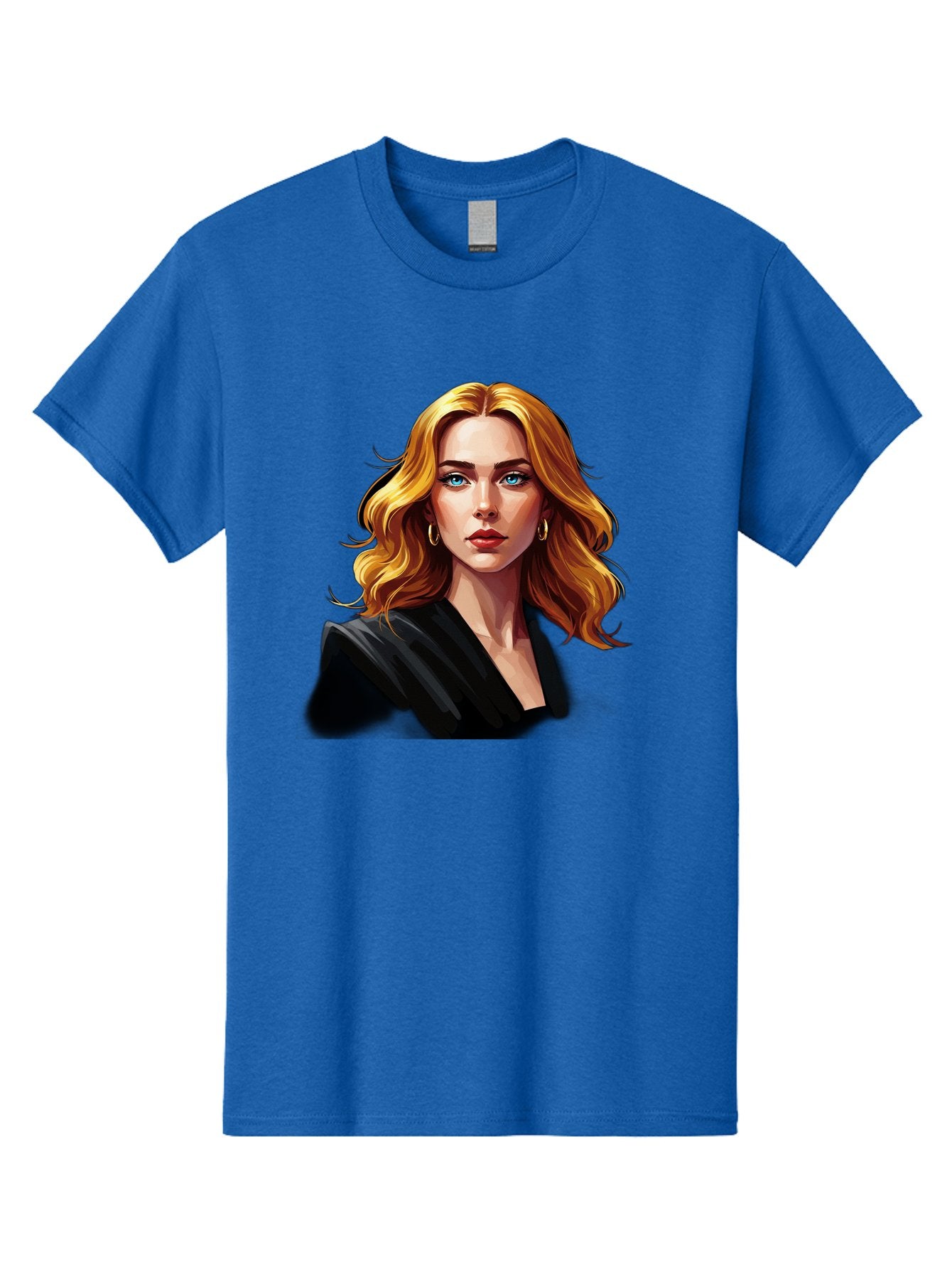 Woman-Portrait-1 Men'S Graphic Tee, 100% Cotton, Comfortable Casual Summer Wear, Machine Washable, Blonde Woman, Blue Eyes, Gold Hoop Earrings, Black Jacket, Fashion Portrait, Digital Art, Wavy Hair, Modern Style, Elegant Look, Bad929 14