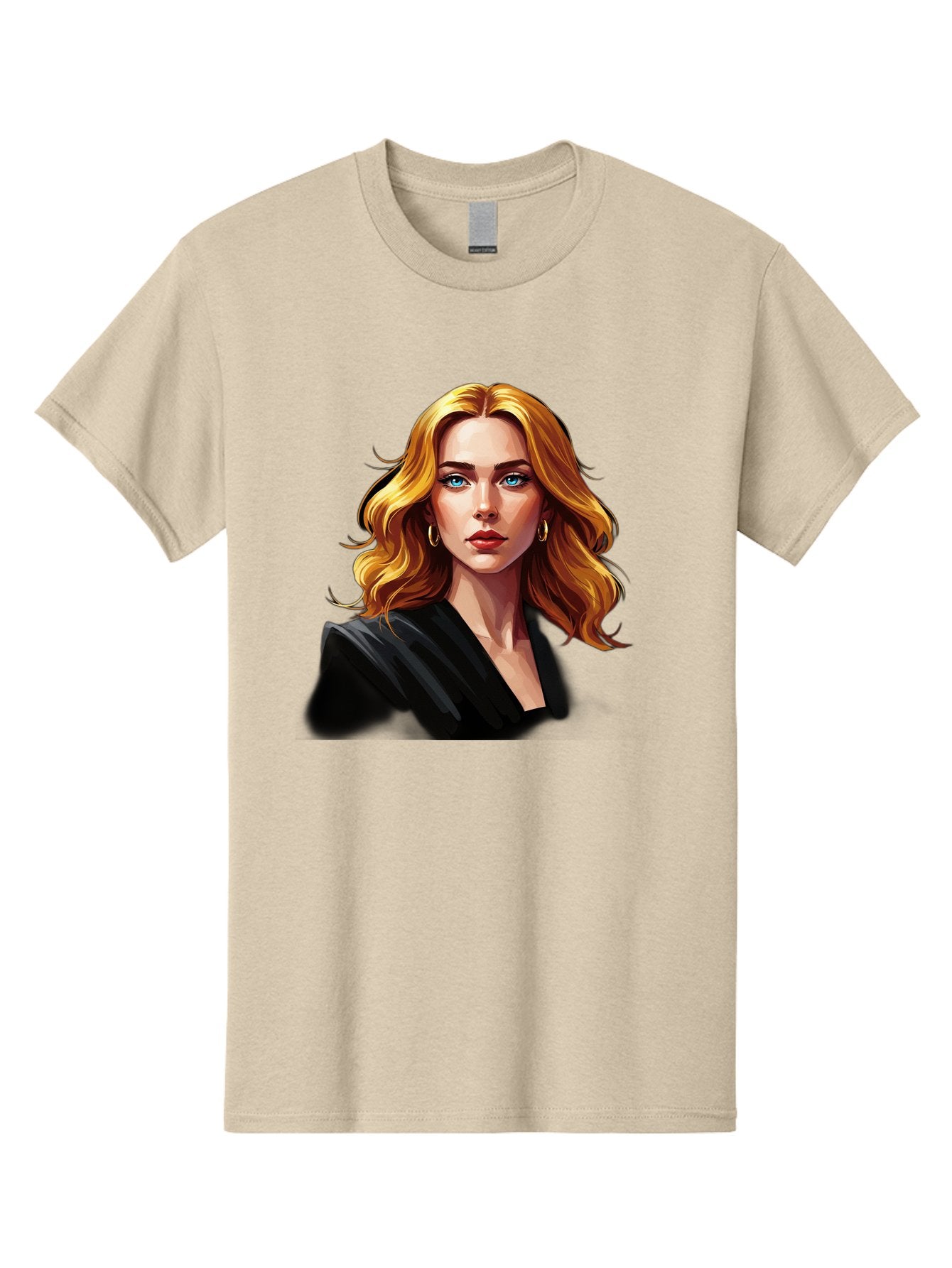 Woman-Portrait-1 Men'S Graphic Tee, 100% Cotton, Comfortable Casual Summer Wear, Machine Washable, Blonde Woman, Blue Eyes, Gold Hoop Earrings, Black Jacket, Fashion Portrait, Digital Art, Wavy Hair, Modern Style, Elegant Look, Bad929 3