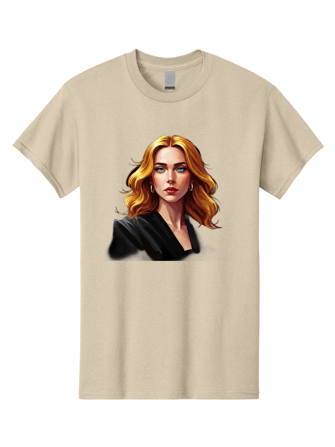 Woman-Portrait-1 Men'S Graphic Tee, 100% Cotton, Comfortable Casual Summer Wear, Machine Washable, Blonde Woman, Blue Eyes, Gold Hoop Earrings, Black Jacket, Fashion Portrait, Digital Art, Wavy Hair, Modern Style, Elegant Look, Bad929 9