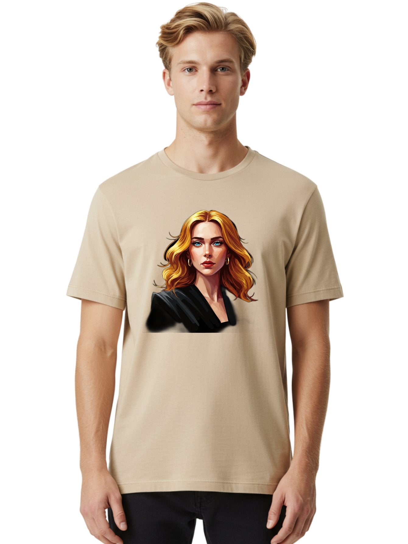 Woman-Portrait-1 Men'S Graphic Tee, 100% Cotton, Comfortable Casual Summer Wear, Machine Washable, Blonde Woman, Blue Eyes, Gold Hoop Earrings, Black Jacket, Fashion Portrait, Digital Art, Wavy Hair, Modern Style, Elegant Look, Bad929 22