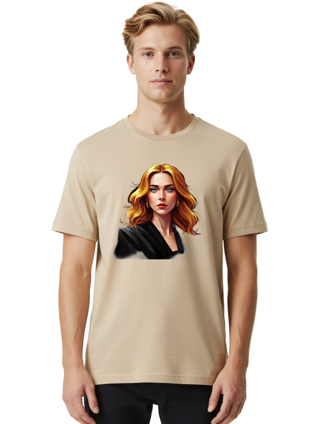 Woman-Portrait-1 Men'S Graphic Tee, 100% Cotton, Comfortable Casual Summer Wear, Machine Washable, Blonde Woman, Blue Eyes, Gold Hoop Earrings, Black Jacket, Fashion Portrait, Digital Art, Wavy Hair, Modern Style, Elegant Look, Bad929 24