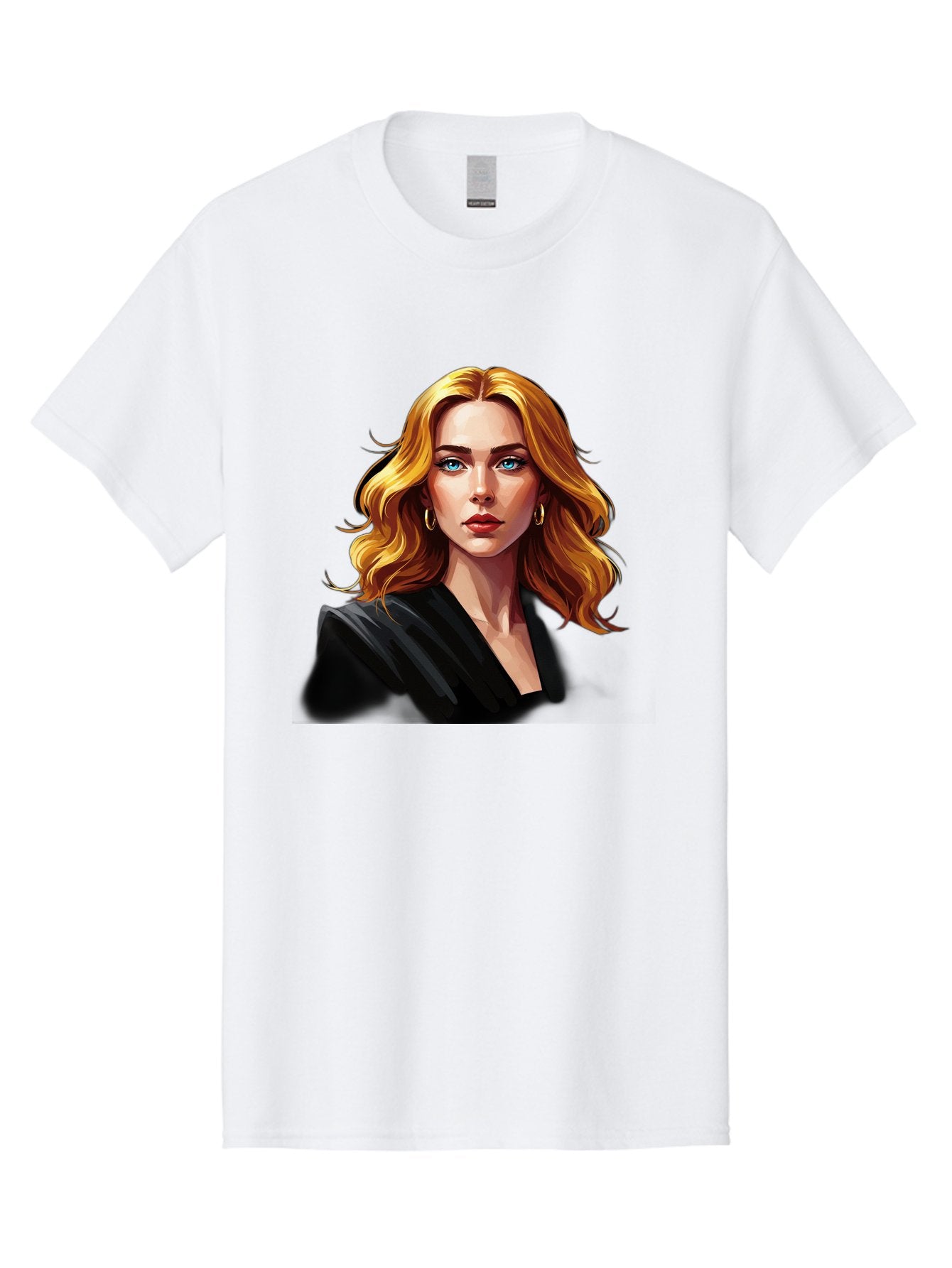 Woman-Portrait-1 Men'S Graphic Tee, 100% Cotton, Comfortable Casual Summer Wear, Machine Washable, Blonde Woman, Blue Eyes, Gold Hoop Earrings, Black Jacket, Fashion Portrait, Digital Art, Wavy Hair, Modern Style, Elegant Look, Bad929 12
