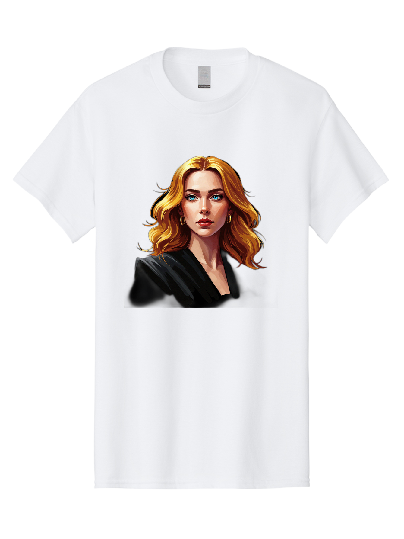 Woman-Portrait-1 Men'S Graphic Tee, 100% Cotton, Comfortable Casual Summer Wear, Machine Washable, Blonde Woman, Blue Eyes, Gold Hoop Earrings, Black Jacket, Fashion Portrait, Digital Art, Wavy Hair, Modern Style, Elegant Look, Bad929 3
