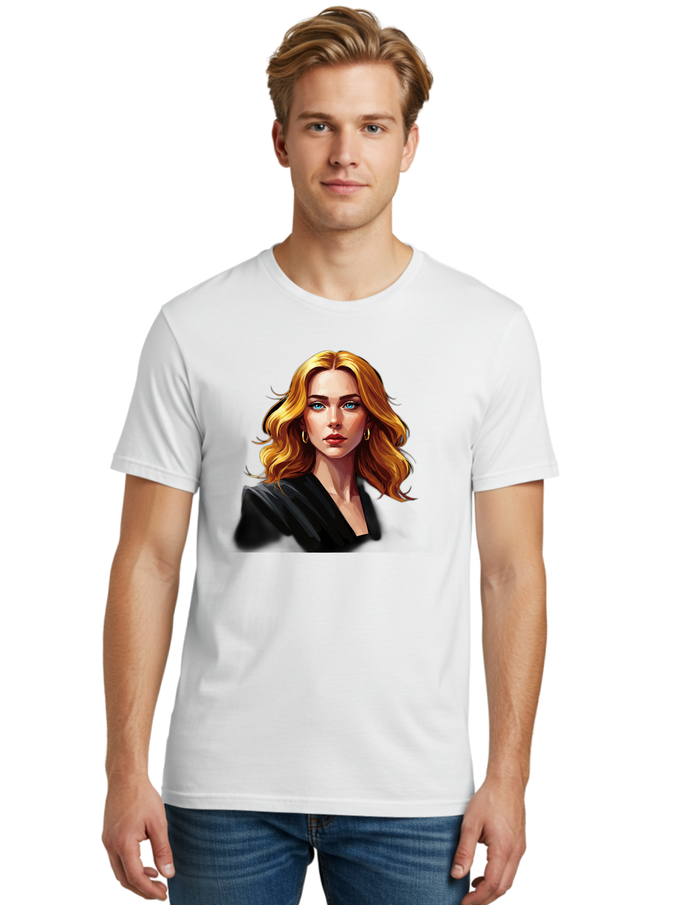 Woman-Portrait-1 Men'S Graphic Tee, 100% Cotton, Comfortable Casual Summer Wear, Machine Washable, Blonde Woman, Blue Eyes, Gold Hoop Earrings, Black Jacket, Fashion Portrait, Digital Art, Wavy Hair, Modern Style, Elegant Look, Bad929 18