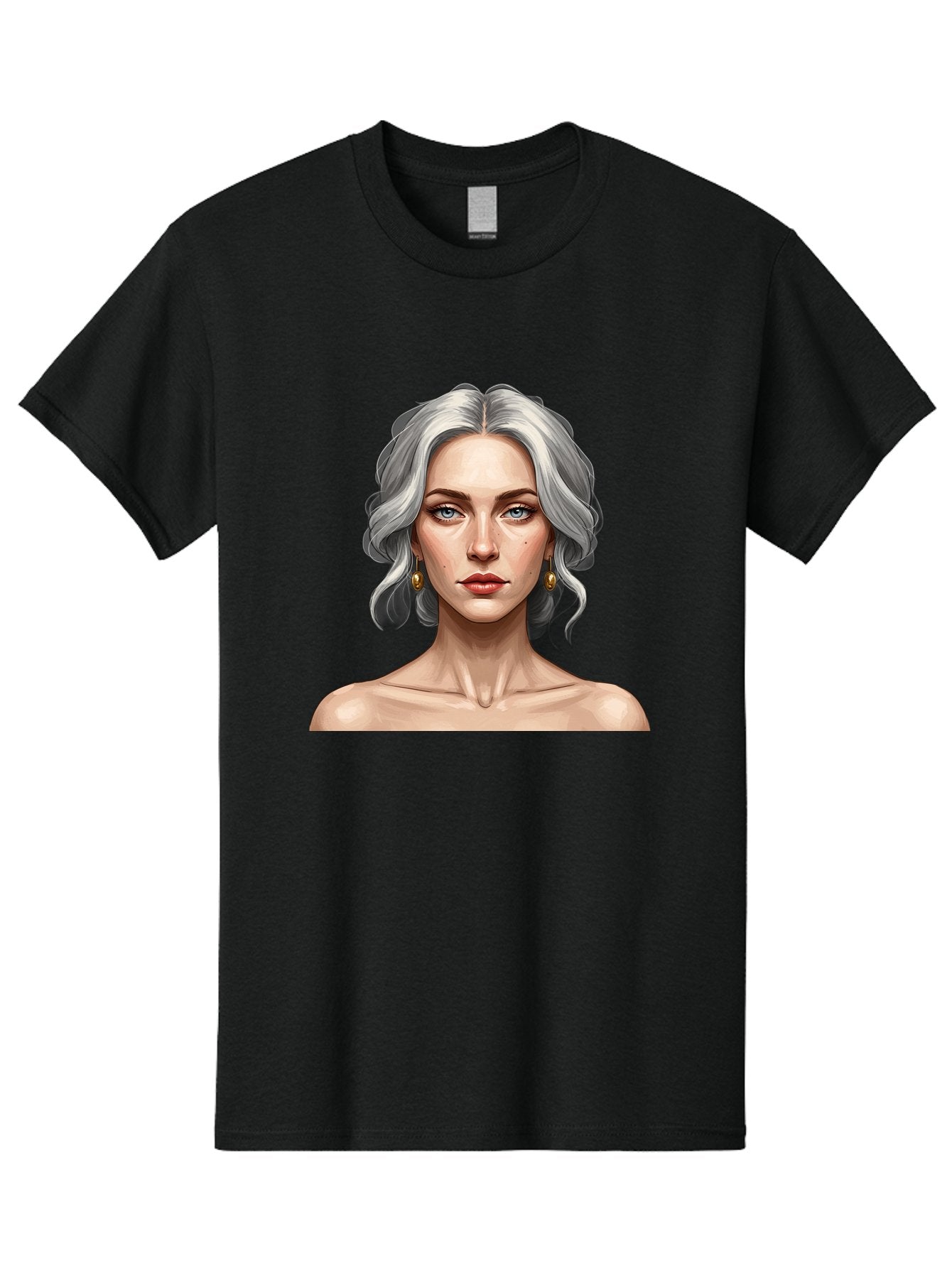 Woman-Portrait Men'S Graphic Tee, 100% Cotton, Comfortable Casual Summer Wear, Machine Washable, Silver Hair, Blue Eyes, Elegant Earrings, Digital Illustration, Portrait, Female Character, Modern Art, Captivating Gaze, Shoulder-Length Hair, Bad930 9