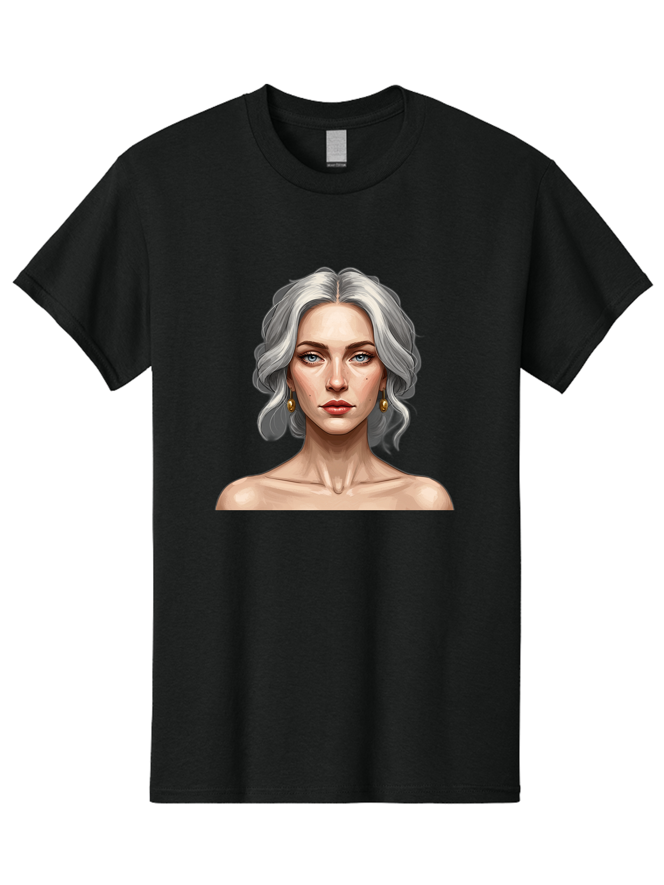 Woman-Portrait Men'S Graphic Tee, 100% Cotton, Comfortable Casual Summer Wear, Machine Washable, Silver Hair, Blue Eyes, Elegant Earrings, Digital Illustration, Portrait, Female Character, Modern Art, Captivating Gaze, Shoulder-Length Hair, Bad930 5