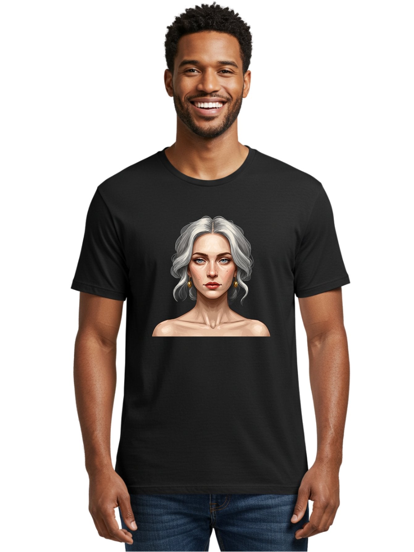 Woman-Portrait Men'S Graphic Tee, 100% Cotton, Comfortable Casual Summer Wear, Machine Washable, Silver Hair, Blue Eyes, Elegant Earrings, Digital Illustration, Portrait, Female Character, Modern Art, Captivating Gaze, Shoulder-Length Hair, Bad930 26