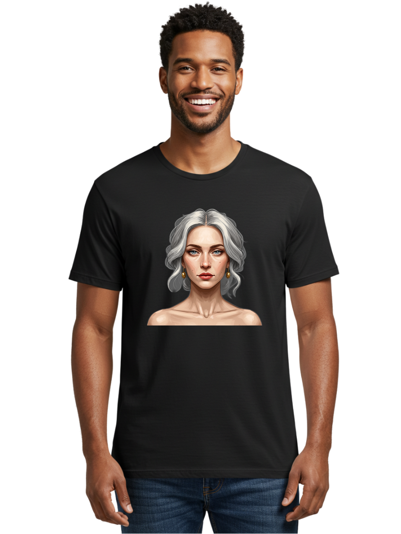 Woman-Portrait Men'S Graphic Tee, 100% Cotton, Comfortable Casual Summer Wear, Machine Washable, Silver Hair, Blue Eyes, Elegant Earrings, Digital Illustration, Portrait, Female Character, Modern Art, Captivating Gaze, Shoulder-Length Hair, Bad930 20