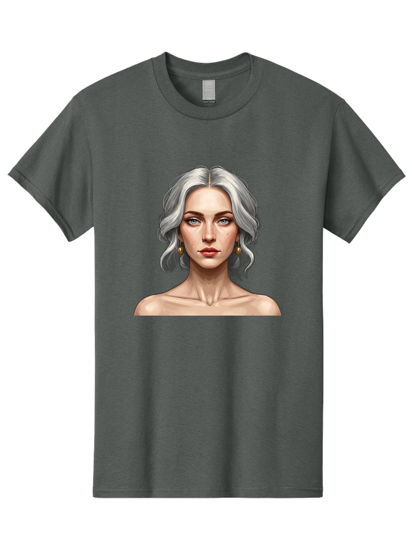 Woman-Portrait Men'S Graphic Tee, 100% Cotton, Comfortable Casual Summer Wear, Machine Washable, Silver Hair, Blue Eyes, Elegant Earrings, Digital Illustration, Portrait, Female Character, Modern Art, Captivating Gaze, Shoulder-Length Hair, Bad930 6