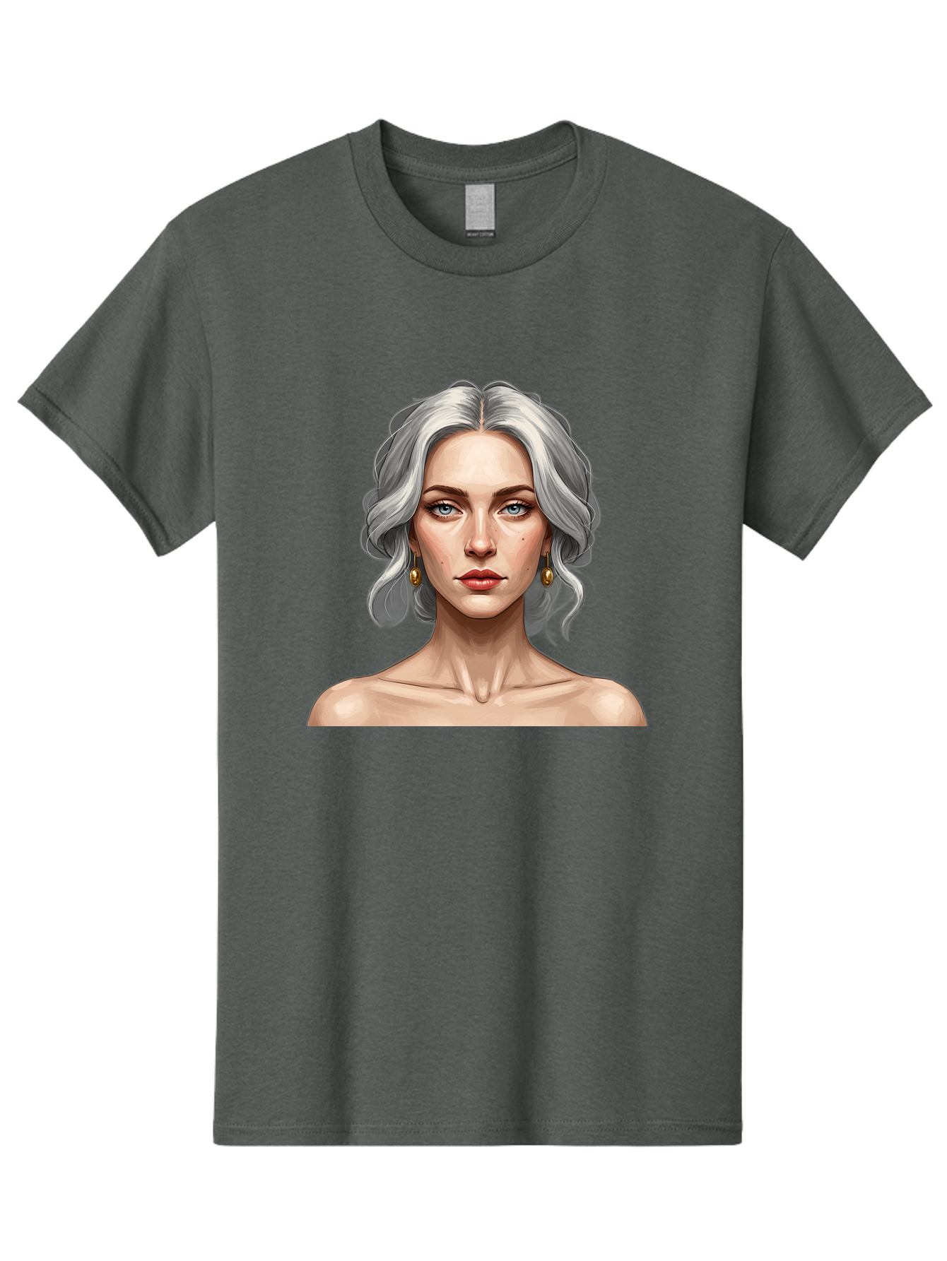 Woman-Portrait Men'S Graphic Tee, 100% Cotton, Comfortable Casual Summer Wear, Machine Washable, Silver Hair, Blue Eyes, Elegant Earrings, Digital Illustration, Portrait, Female Character, Modern Art, Captivating Gaze, Shoulder-Length Hair, Bad930 7