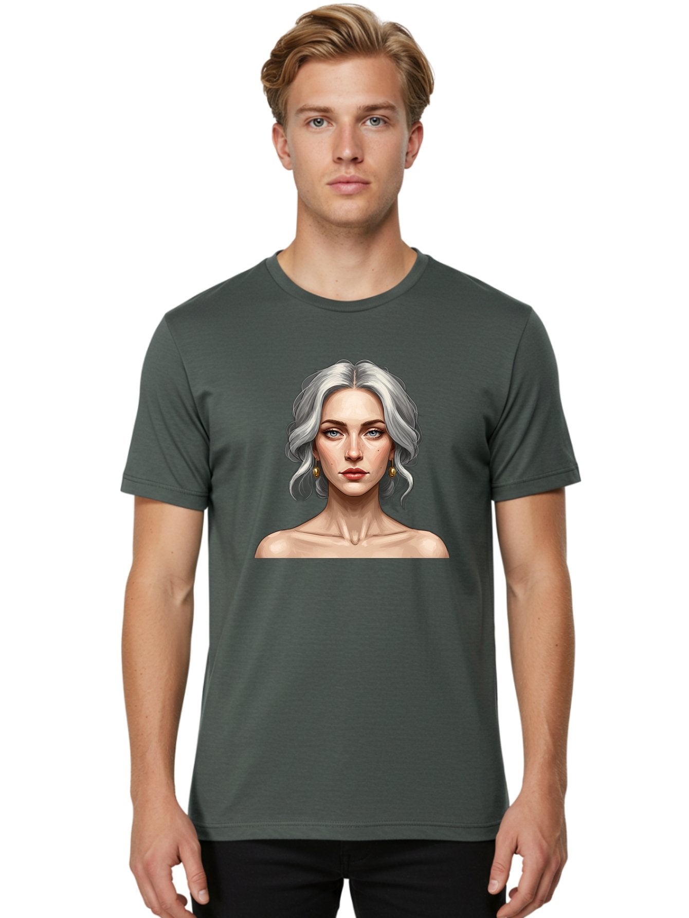 Woman-Portrait Men'S Graphic Tee, 100% Cotton, Comfortable Casual Summer Wear, Machine Washable, Silver Hair, Blue Eyes, Elegant Earrings, Digital Illustration, Portrait, Female Character, Modern Art, Captivating Gaze, Shoulder-Length Hair, Bad930 24