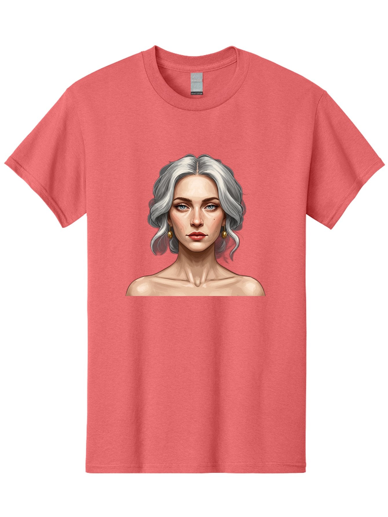 Woman-Portrait Men'S Graphic Tee, 100% Cotton, Comfortable Casual Summer Wear, Machine Washable, Silver Hair, Blue Eyes, Elegant Earrings, Digital Illustration, Portrait, Female Character, Modern Art, Captivating Gaze, Shoulder-Length Hair, Bad930 5