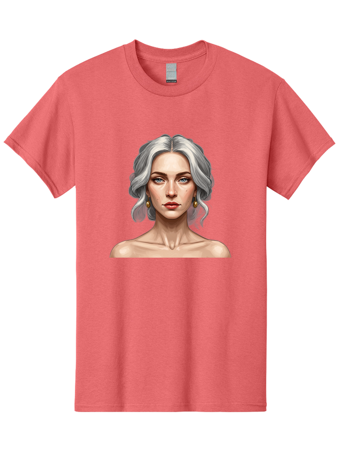 Woman-Portrait Men'S Graphic Tee, 100% Cotton, Comfortable Casual Summer Wear, Machine Washable, Silver Hair, Blue Eyes, Elegant Earrings, Digital Illustration, Portrait, Female Character, Modern Art, Captivating Gaze, Shoulder-Length Hair, Bad930 8